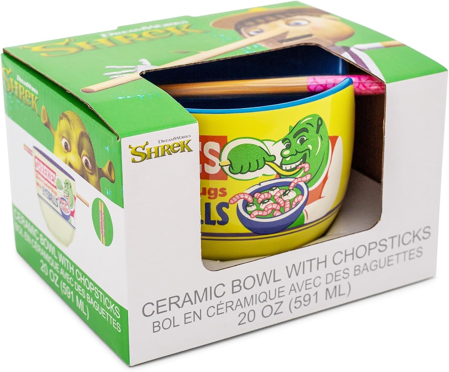 Shrek "Shrekies Eyeballs Cereal Ceramic Ramen Dinnerware Set | Includes 20-Ounce Noodle Bowl and Wooden Chopsticks