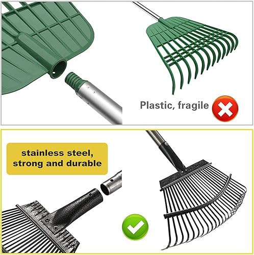 Miniatura 3 de HOSKO Rastrillo de hojas de 79 pulgadas, rastrillos de jardín de 25 dientes con mango seccional ajustable para una limpieza rápida de césped,