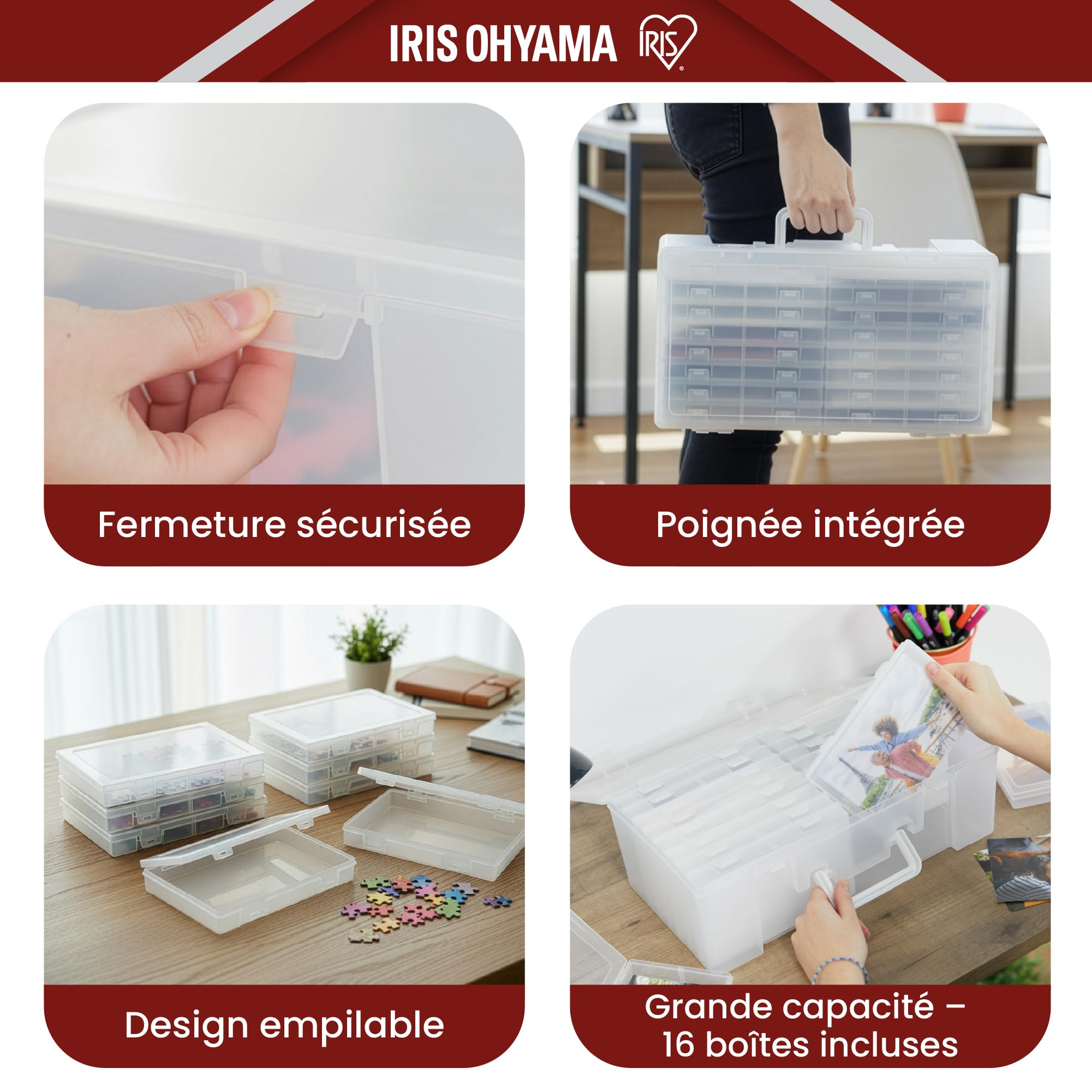 Iris Ohyama, Caja de almacenamiento de fotos con 16 cajas interiores, 2, capacidad 3200 fotos, apilable con asa y cierre seguro, sin BPA, KP-XLPHO16