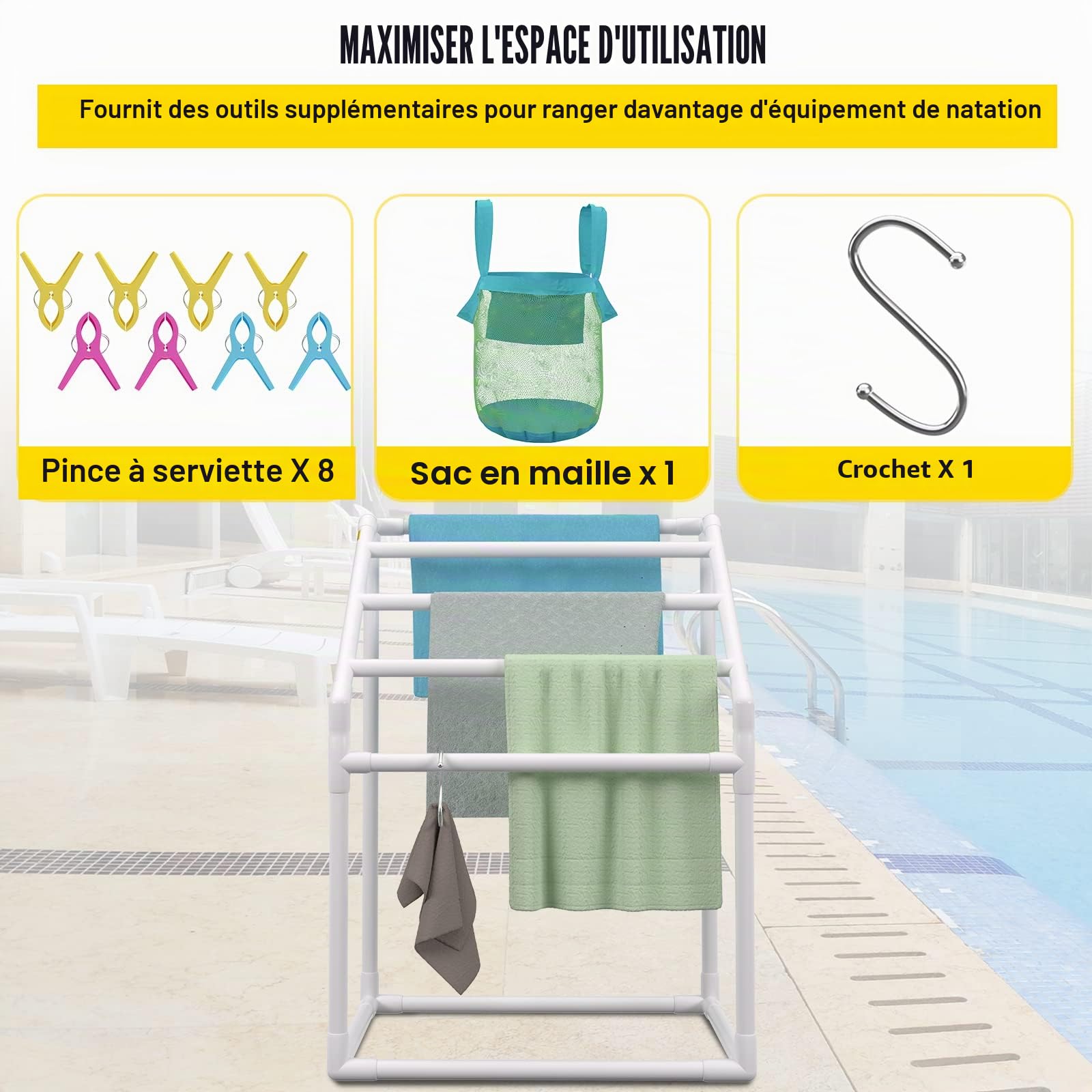 VEVOR Porte-Serviettes sur Pied à 5 Barres Range-Serviettes de Bains Support pour Serviettes en PVC Charge 25 kg Facile à Assembler Organisateur pour Piscine Salle de Bain Spa Extérieur Intérieur