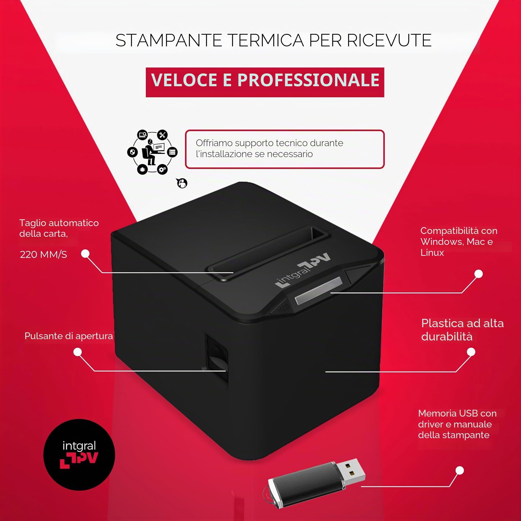 8370 Stampante Termica Ricevite/Biglietti 80mm - Porta/Conn: USB, LAN, RJ45, RJ11 - Taglio auto - Win, Linux, Android, Mac - Drv Pos - POS (nero)