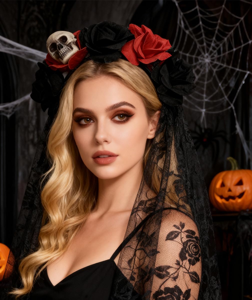 Taodyans Halloween Headband with Black Veil, Floral Crown Gothic Skull Headpiece, Day of The Dead Costume Accessories (Little Skull) - Image 4