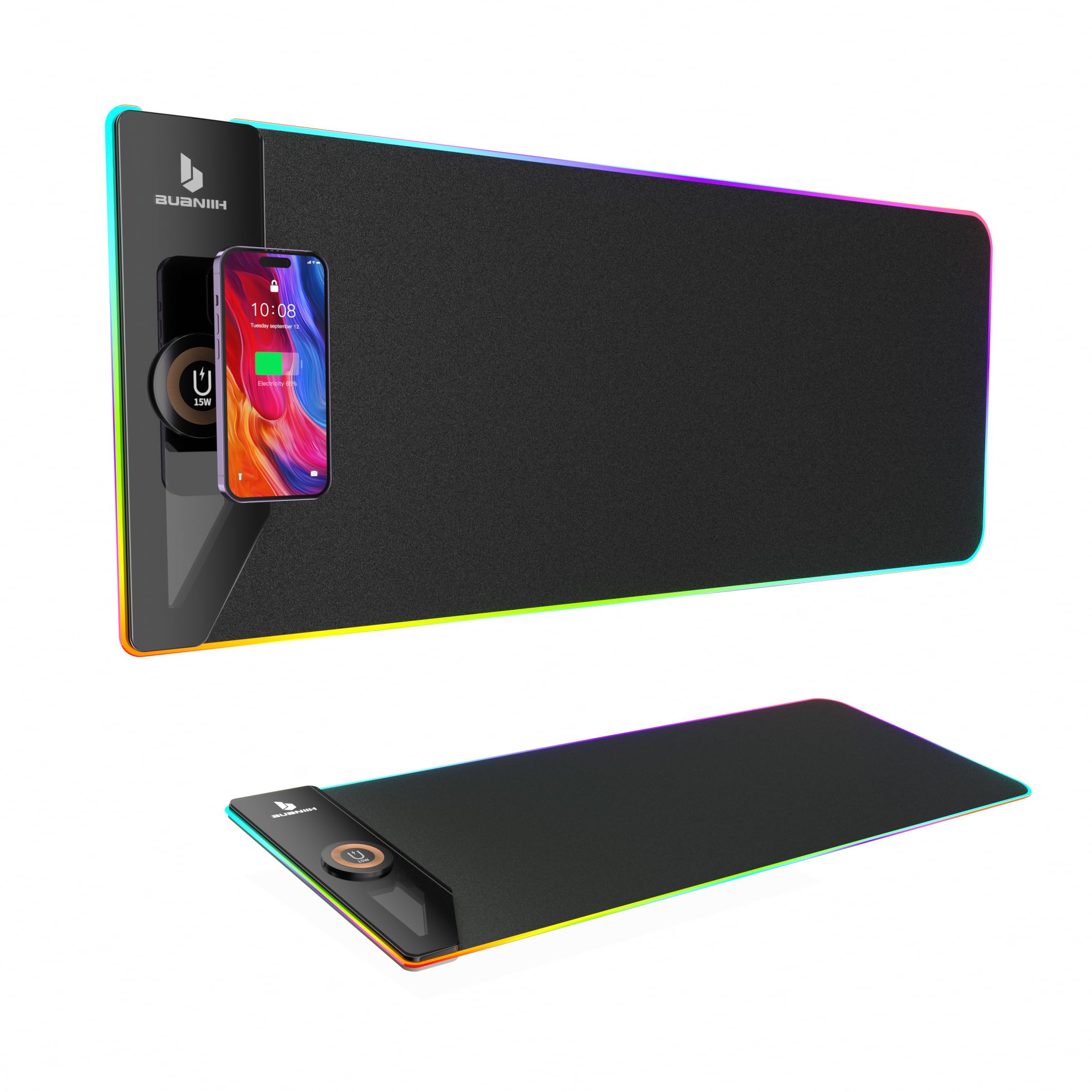 Mouse Pad,Wireless Mouse Pad Charging,Large Mouse Pad,15W Fast Charging,for Office Mobile Phone Devices,2 Charging Modes,256 Lighting Modes,Dynamic Light Effects Follow The Music,31.5"X11.8"(Black)