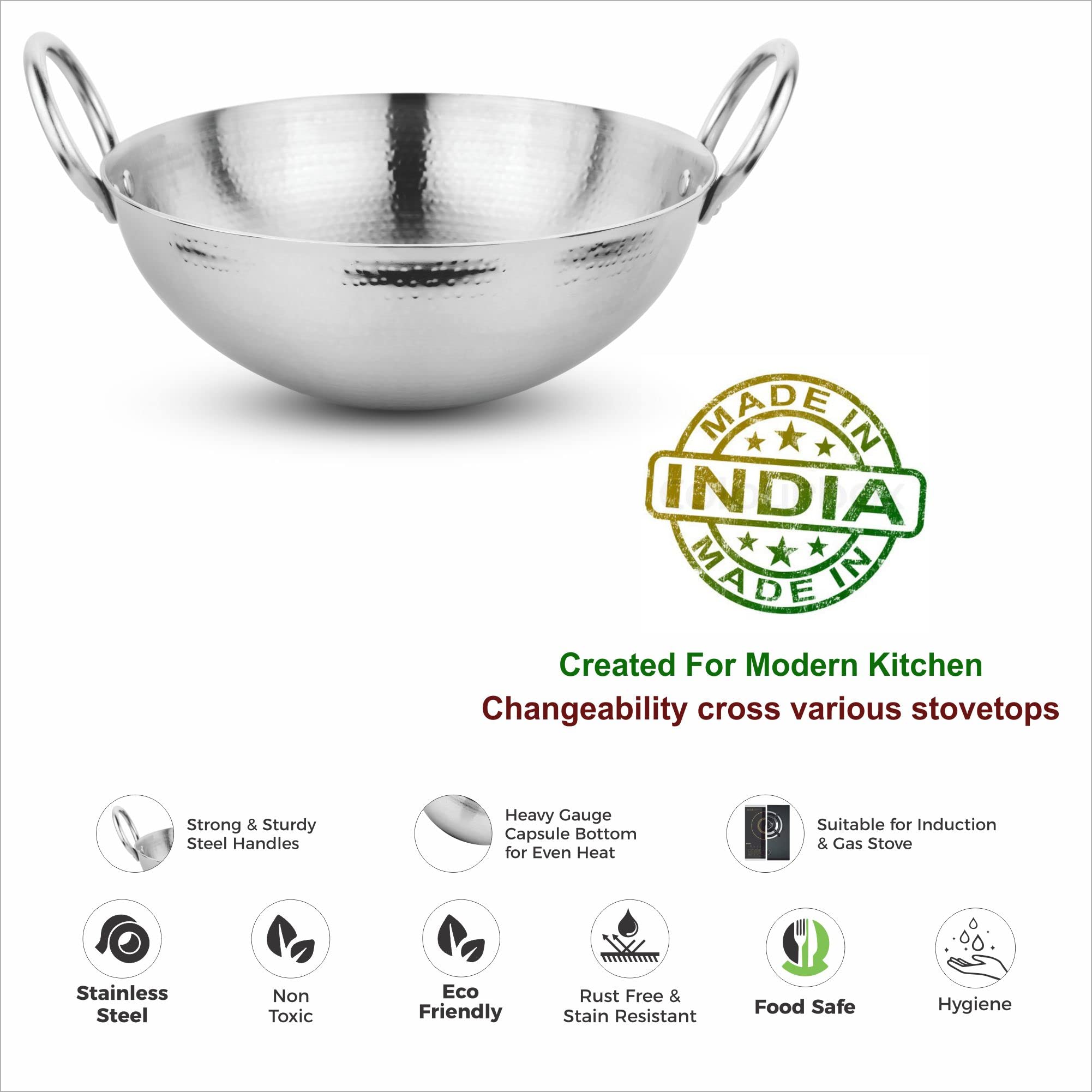 Prabha Heavy Gauge Stainless Steel Hammered Finish Kadhai, 2.4L and 24cm Diameter (Medium) - Image 5 thumbnail