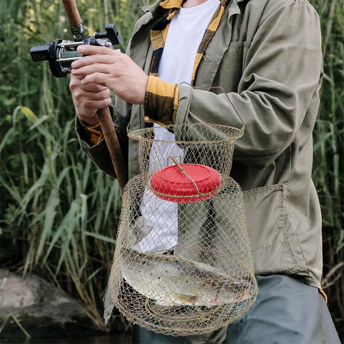 Abaodam Cesto per Pesci Pieghevole in Filo di Acciaio Zincato Galleggiante Cestino Metallico per Pesca e Granchi Accessorio Portatile per Pescatori e Uso Outdoor