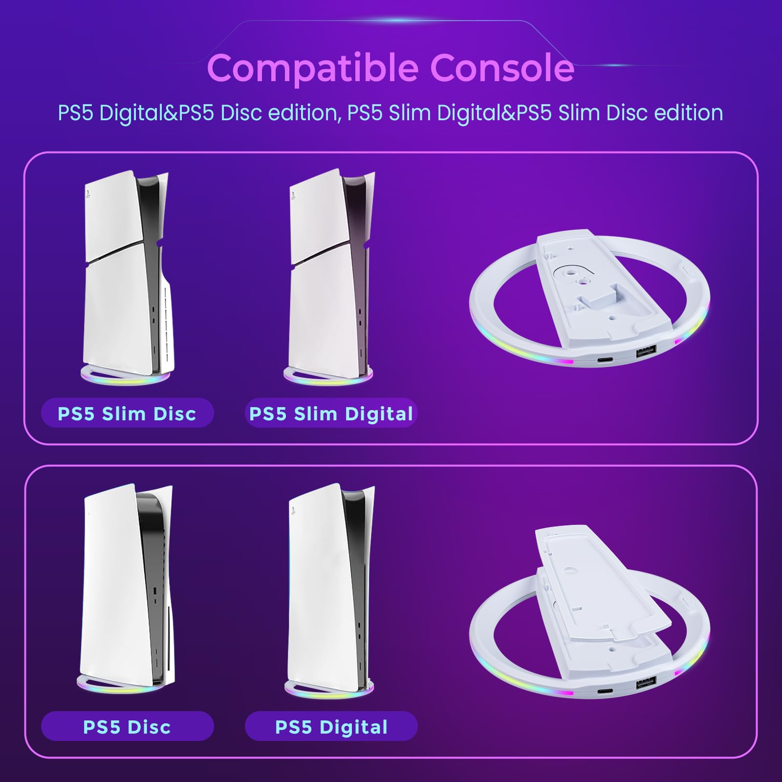 Semaiki PS5 Slim Soporte Vertical con LED, Soporte de Carga rápida para Dos Controladores, Soporte Vertical con Alfombrilla de Silicona Antideslizante para PS5 Slim DE/UHD