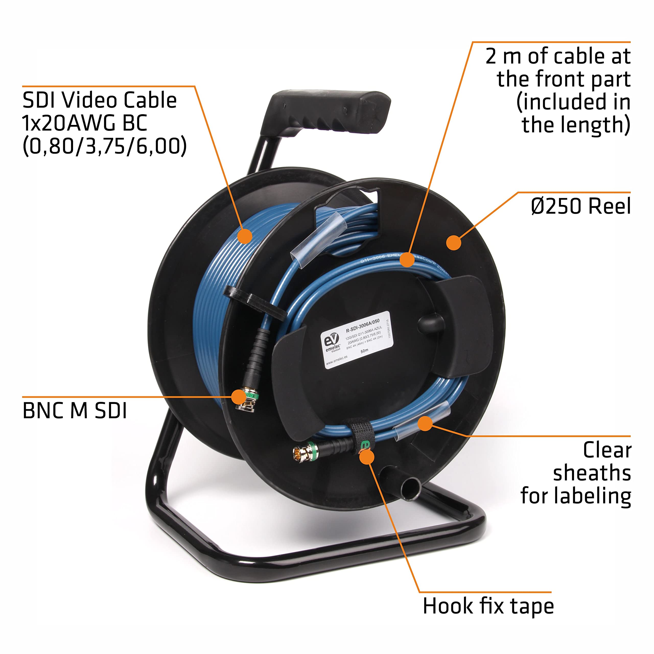 Emelec VíasCom R-SDI-3006A/070 – 70m Cable Video 4K-UHD 6G-SDI (0.8/3.75/6.0) montado en Portacables con BNC 4K-UHD – Conductor Unifilar – Color Azul – PVC Flexible