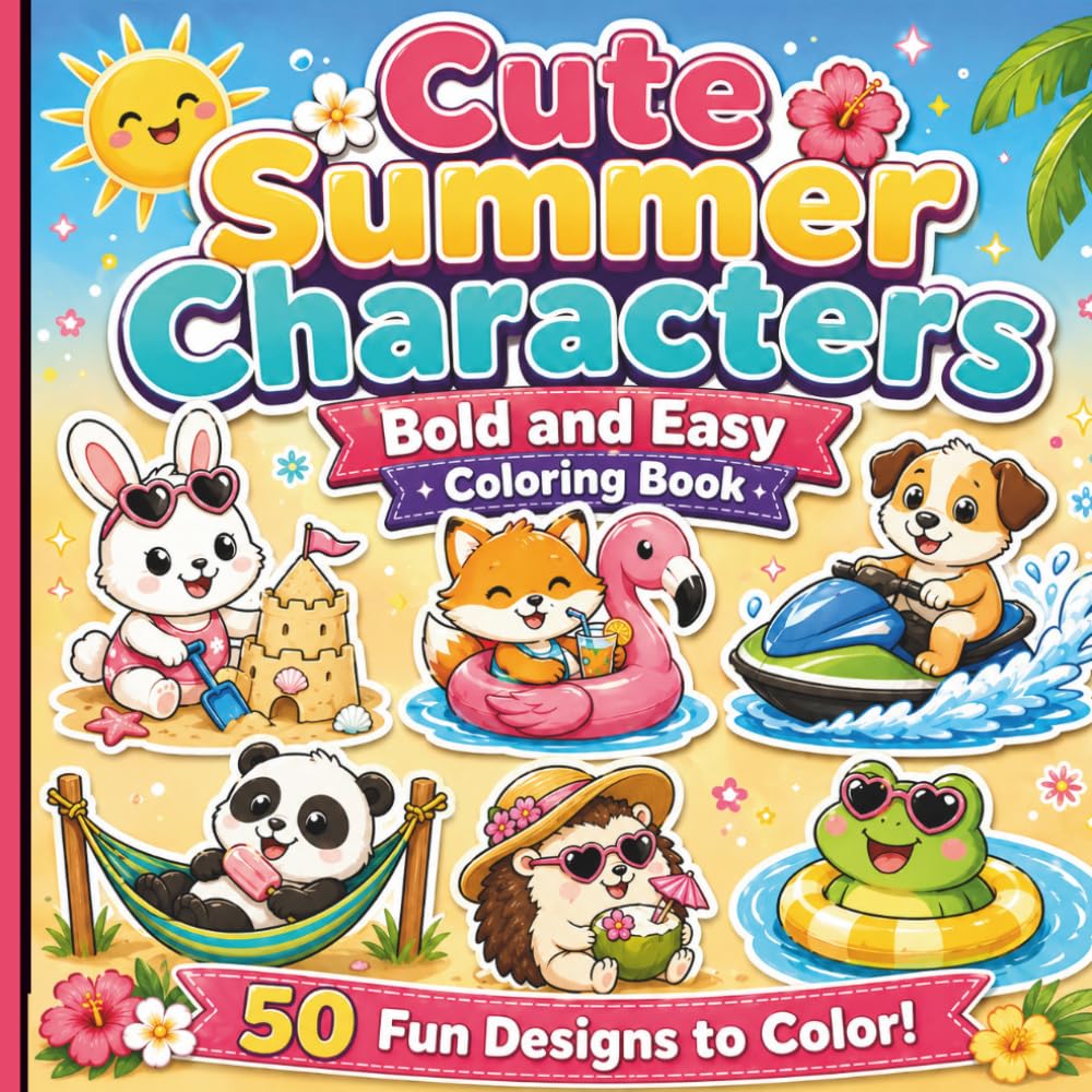 Cute Summer Characters Coloring Book: Bold and Easy Cute Animal Summer Scenes with Thick Lines for Relaxation and Stress Relief (Pocket Joy Bold and Easy)