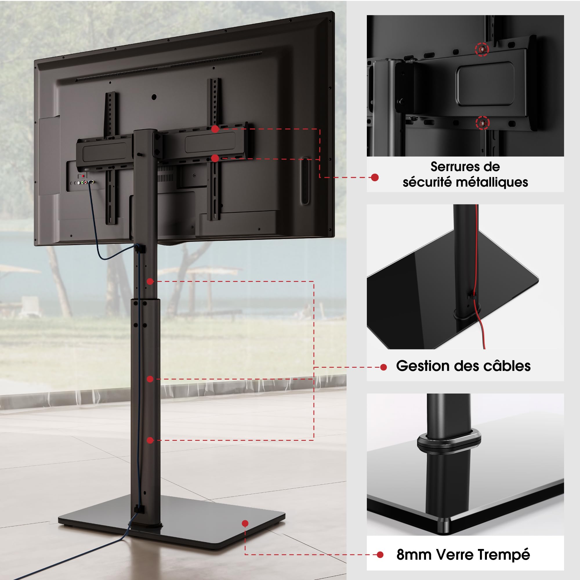 AOKCOS Support TV sur Pied Plus Haut 1,6m pour 43-85 Pouces,Pied pour TV Pivotant 50° Inclinable 12° Hauteur Réglable Max VESA 600x400mm Max Capacité 50 KG (Noir)