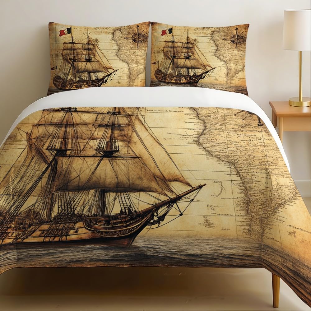 Housse de couette enfant voiliers 200x200 parure de lit 3 pièces imprimé 3D brun microfibre