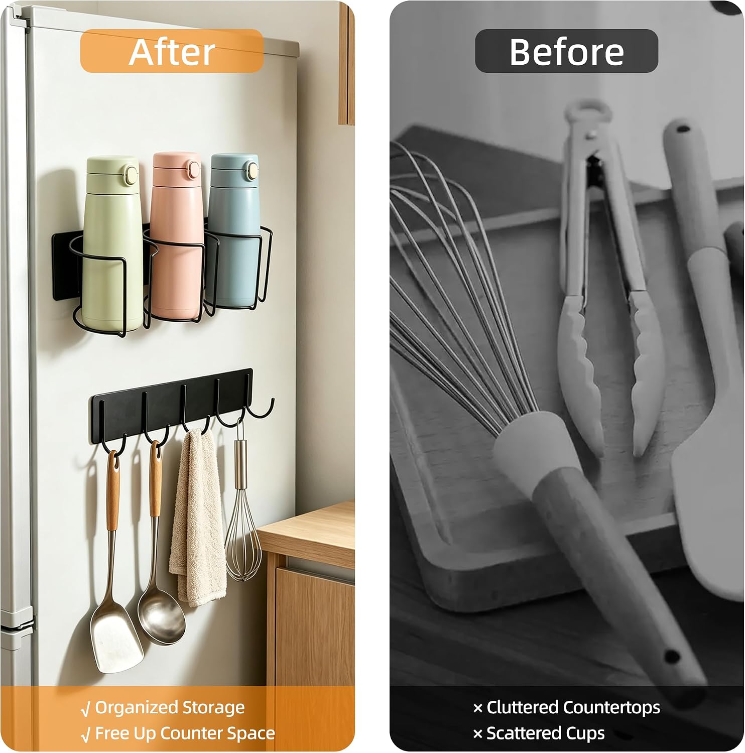 Magnetic Stanley Cup Organizer 6 Pack with 6 Hooks | Water Bottle Organizer Holder for Large Tumbler Organizer, Kitchen Space-saving and Storage for Stanley Cup Accessories
