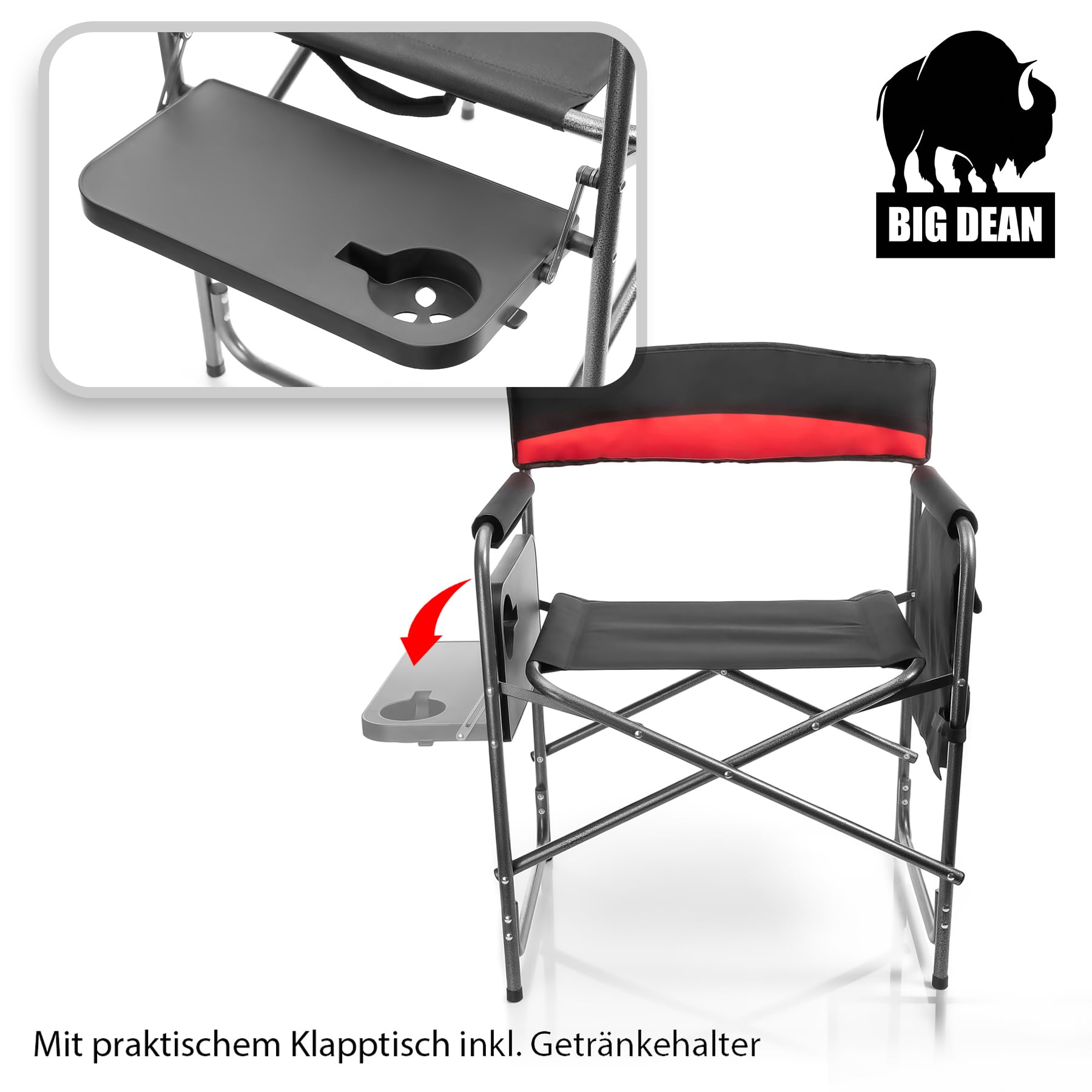 BigDean Campingstuhl 150kg mit Tisch – Klappstuhl mit Getränkehalter + Seitentasche – Hochwertiger Angelstuhl in Schwarz/Rot – Regiestuhl Klappbar für Camping und Outdoor – Metall und Kunststoff