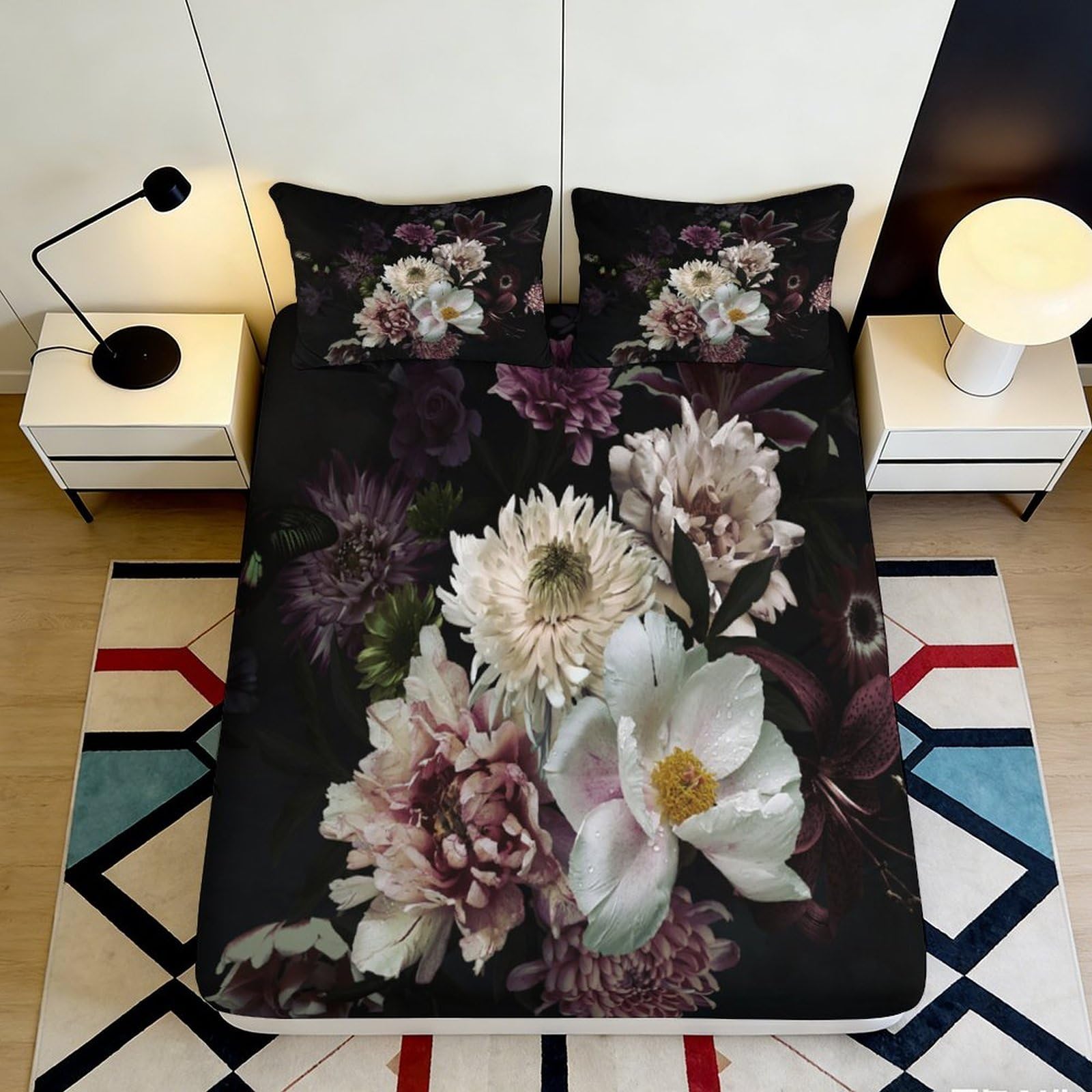 Uxinyoume Style-9 3D Printed Dark Floral Fitted Sheet Microfiber Elegant Peony Blossom Bed Sheet For Bedroom Guest Room Decor 90X200x25cm