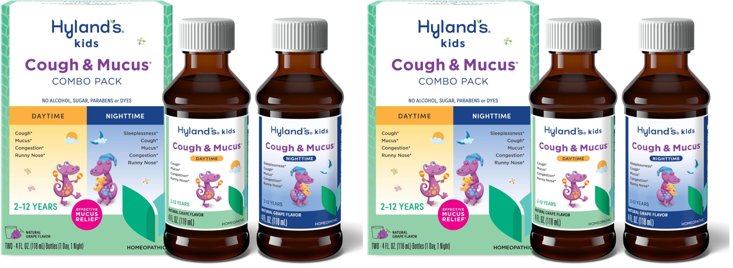 Hyland's Kids Cough Syrup and Mucus Relief Daytime and Nighttime Combo Pack,Kids Medicine for Ages 2-12,Grape Flavor,Promotes Sleep,Cough,Runny Nose,Mucus-and Congestion,(Pack of 4)