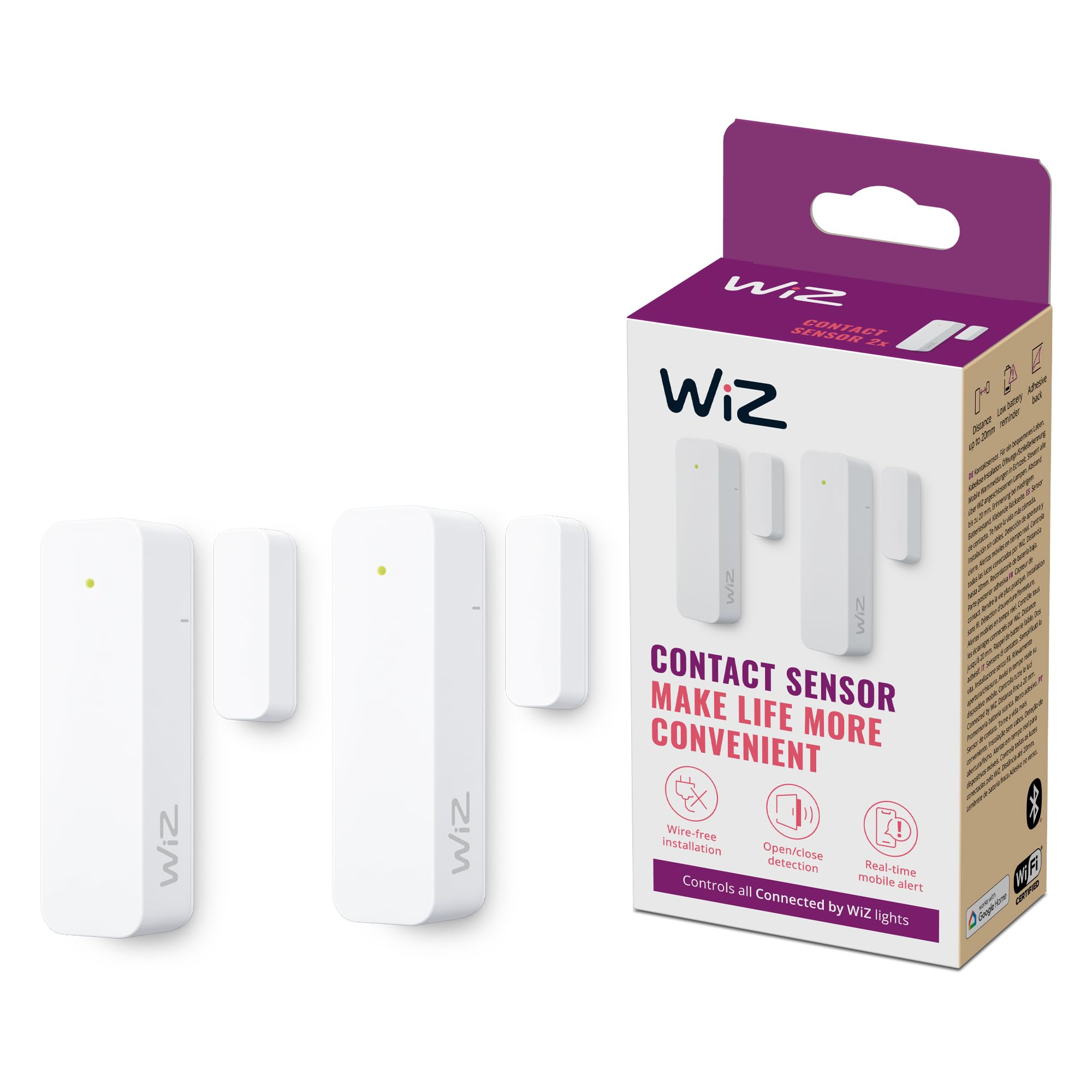 WiZ Kontaktsensor - Heim-Überwachung &-Automatisierung, Echtzeit-Warnungen, Lichtalarm, Heimsicherheit, Benachrichtigungen, App-Steuerung, verbindet Sich mit WiZ Kamera und Lichtern, 2er Pack