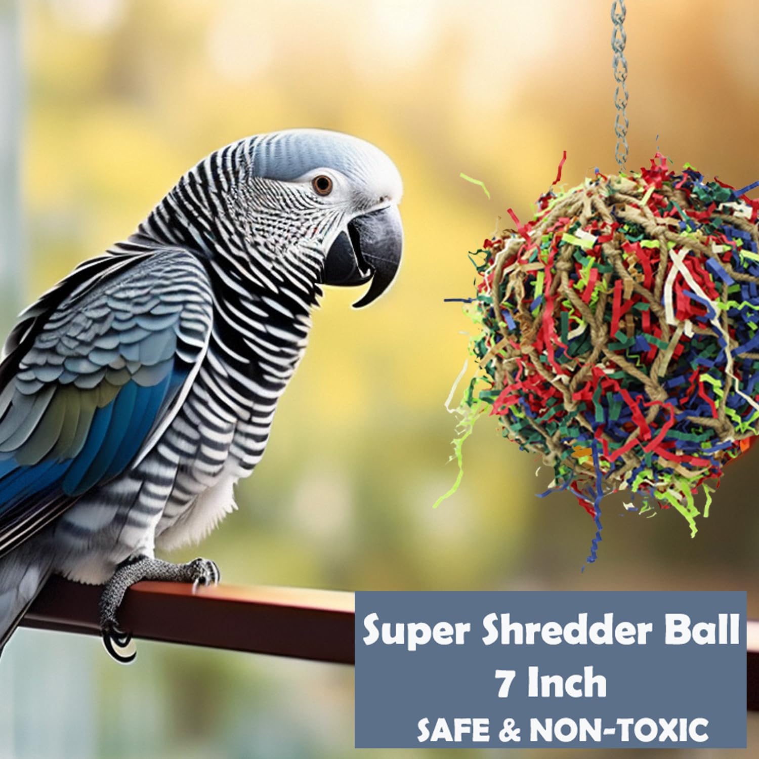 Papyrus Shredder Ball - Bird cage Accessory to Keep Your Bird Busy Looking for Hidden Treasure - Non-Toxic, Non-polluting, Decompression, Easy to Install Large Bird Foraging Toy - 7 inches (7 inch)
