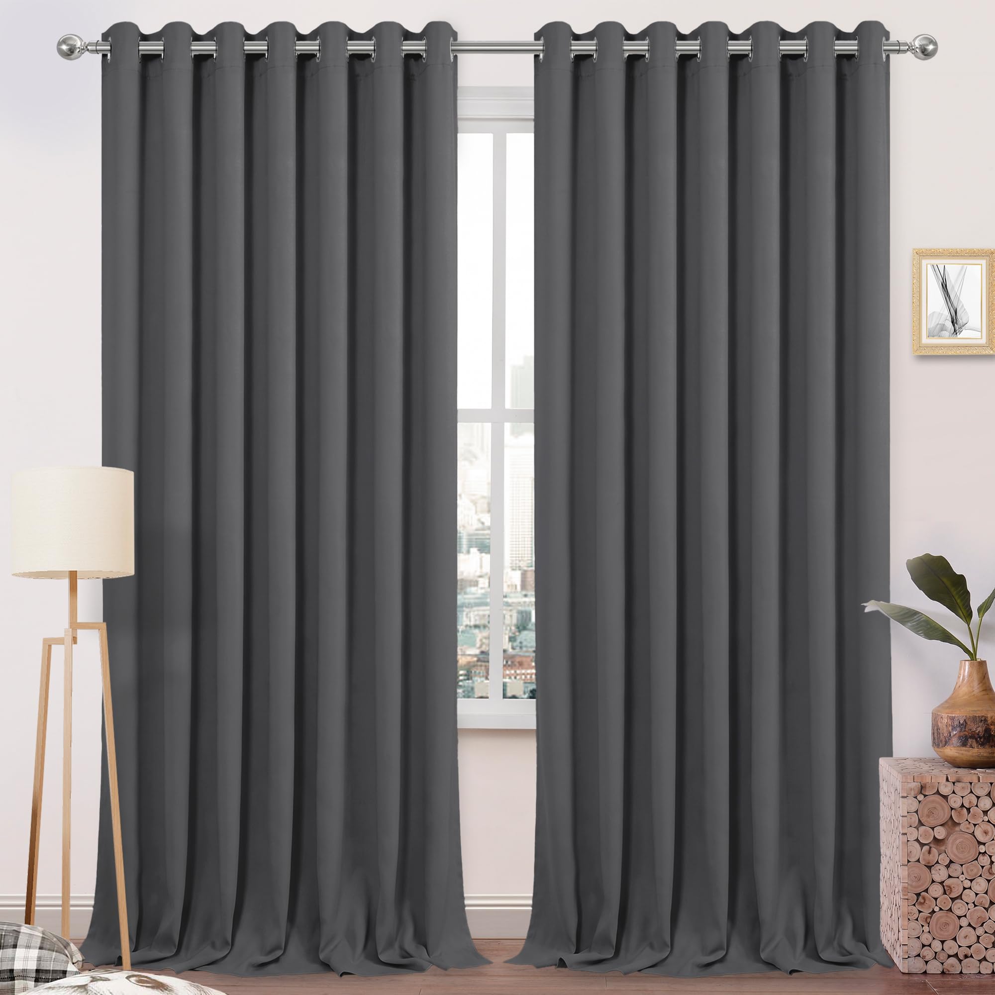 DWCN Blackout Curtains for Bedroom, Thermal Room Darkening Curtain Drapes for Living Room, Grommet Solid Light Blocking Panels - W100 x L96 Inch, Set of 2, Dark Grey — image 1