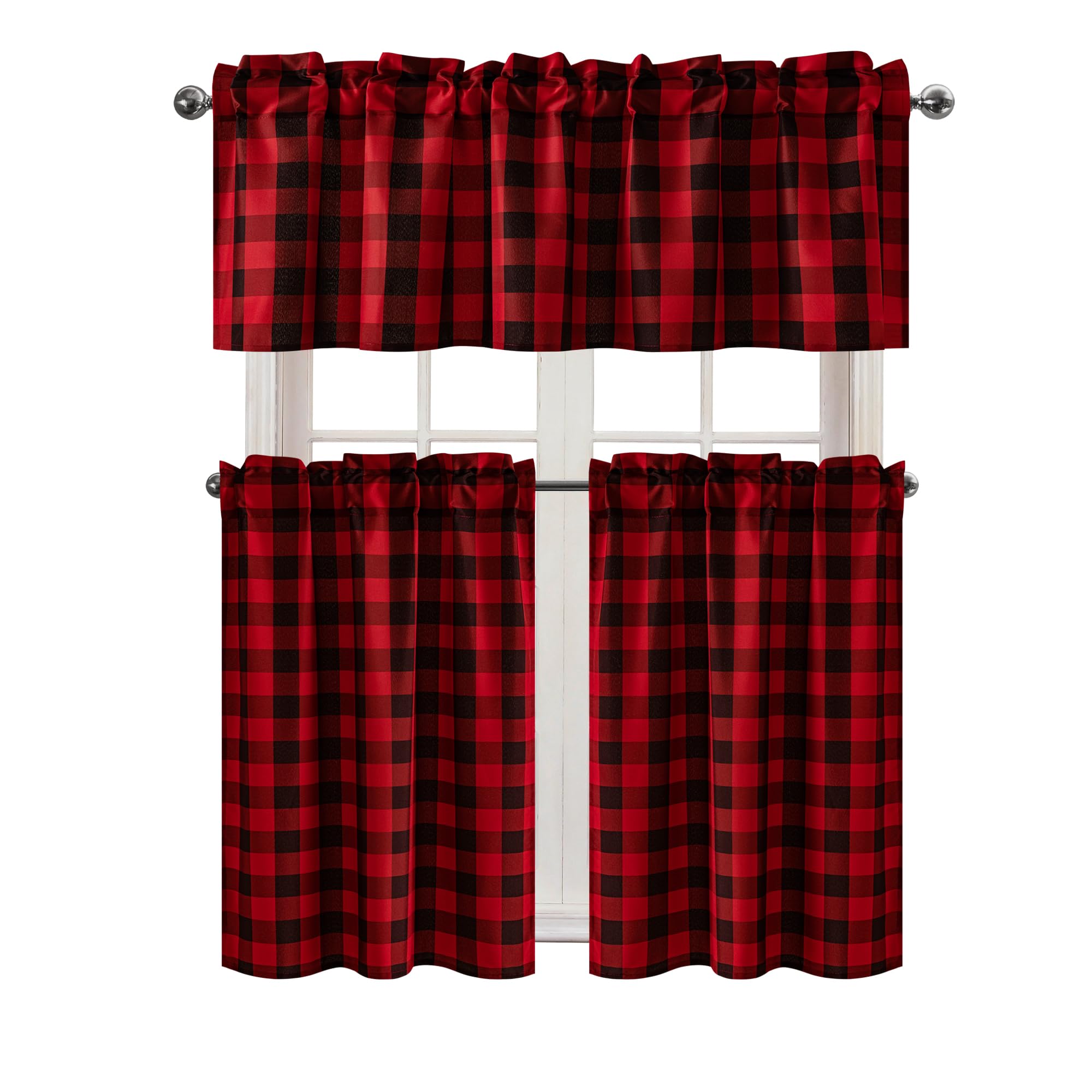 Hiasan Rideaux de Cuisine avec cantonnière 60"x18" 1P|29"x36" 2P Rouge/Noir