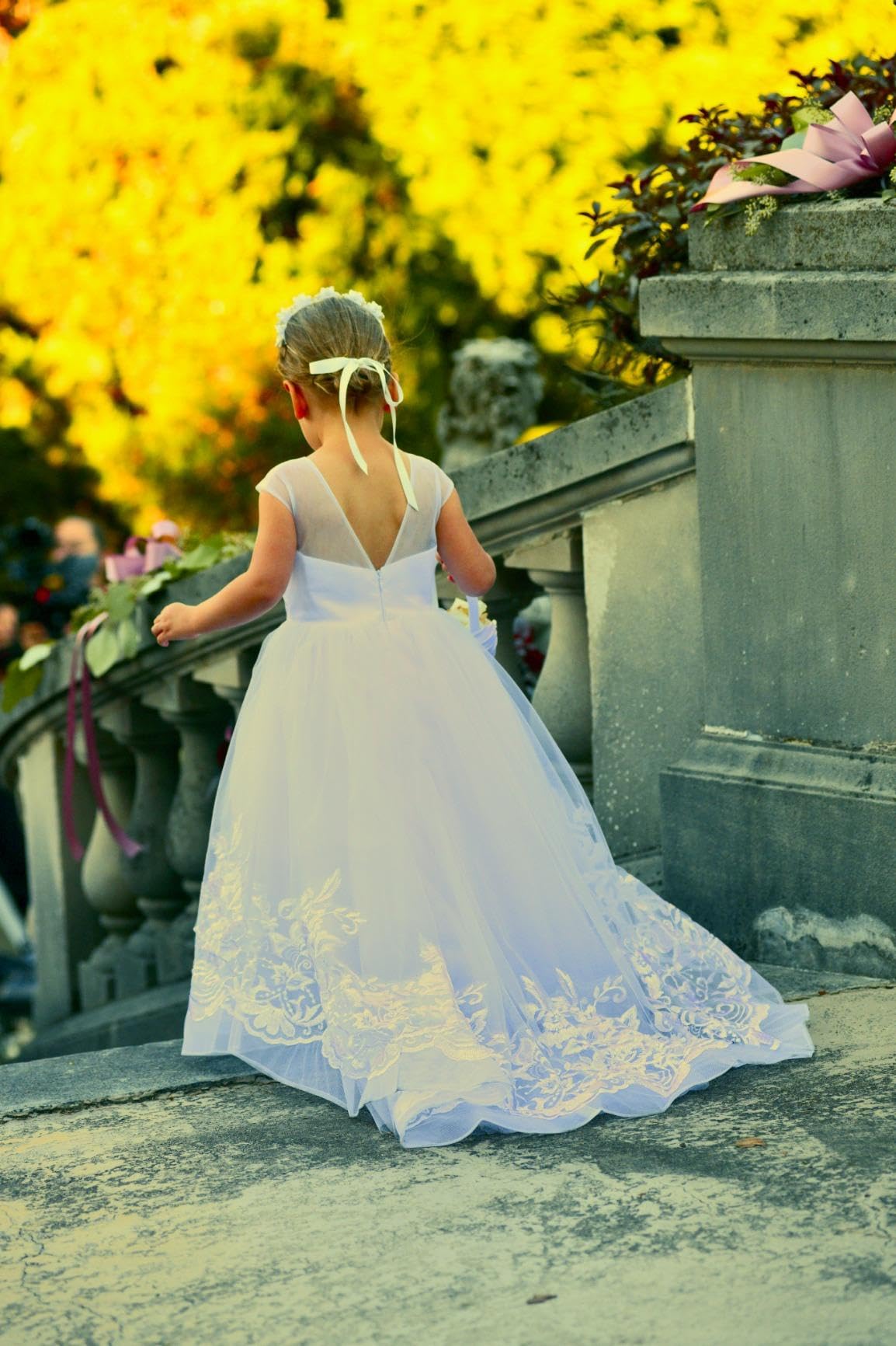 PLWEDDING Fancy Spitze Applikationen Blumenmädchen Kleid Kinder Hochzeitskleid Mädchen Prinzessin Tüll Ballkleid