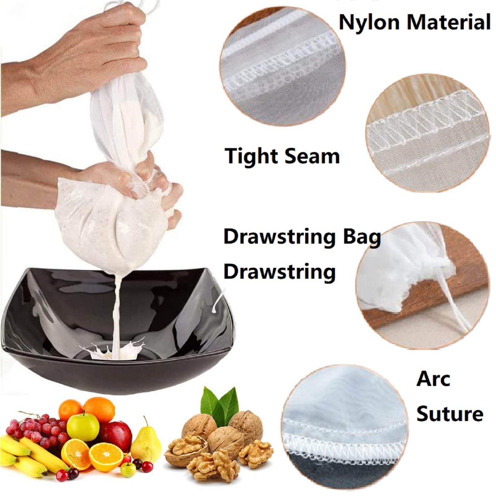 Sac à Lait Végétal Lavable - 4 Pièces Tissu Coton Avec Support Acier - Filtre Réutilisable Pour Jus, Café