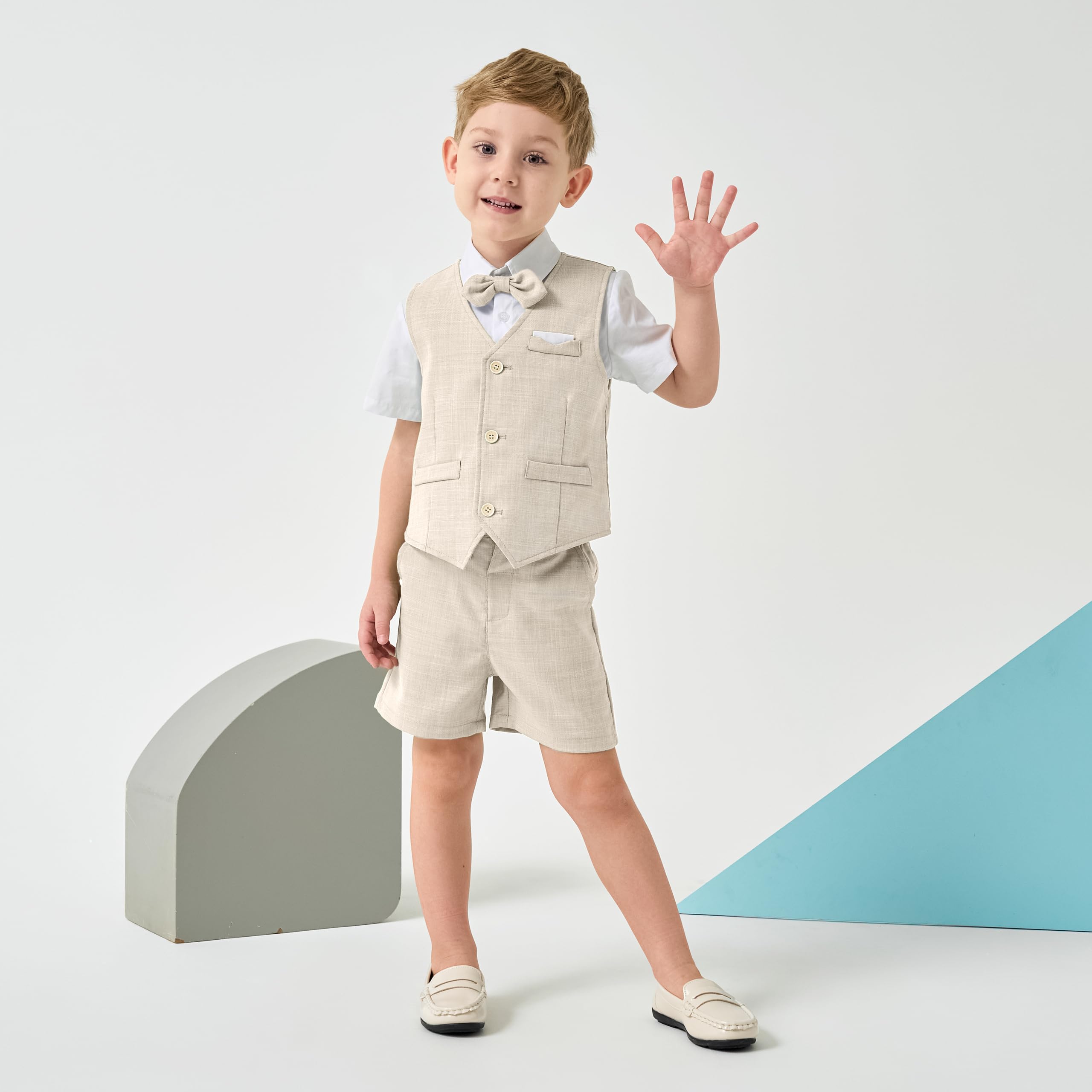 Volunboy Baby Jungen Anzug, Sommer Anzugweste Hemd mit Fliege + Shorts für Festlich Hochzeit Bekleidung Set 4tlgs