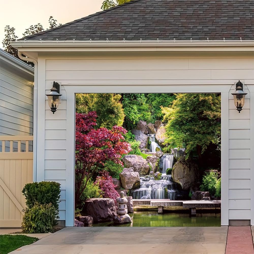 7x8ft Japan Garden Landscape Garage Door Decoration Banner Retro Park View Waterfall Maple Trees Bridge Kyoto Garden Garage Door Mural Backdrop Decoration for Outdoor Indoor Wall Door