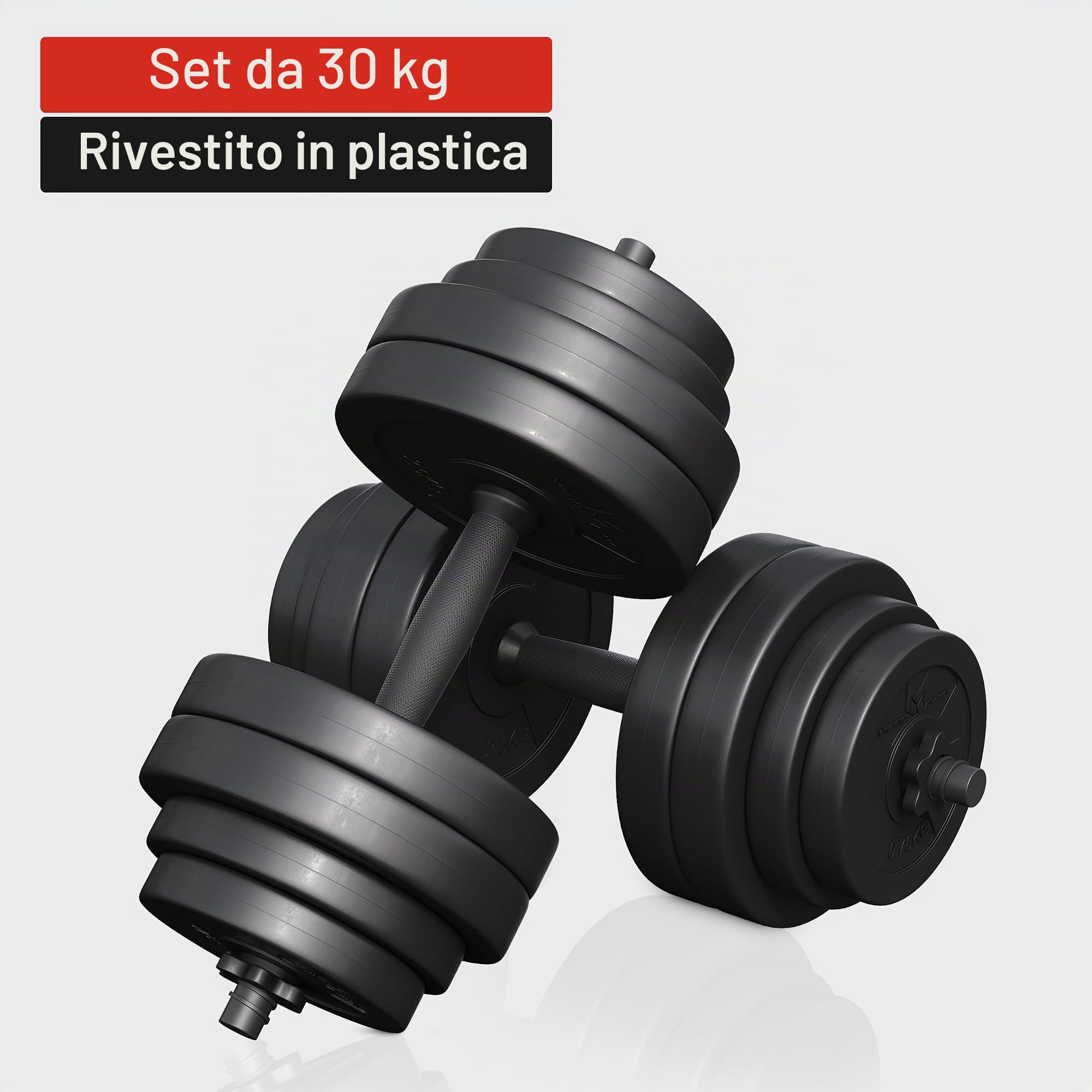 GYRONETICS® Set di Manubri - 30 kg, Coppia, 16 Dischi in Plastica, 25 mm, 4 Chiusure a Stella, Antiscivolo, Impugnatura Zigrinata - Dumbbells, Sollevamento Pesi, Palestra, Allenamento, Fitness, Casa