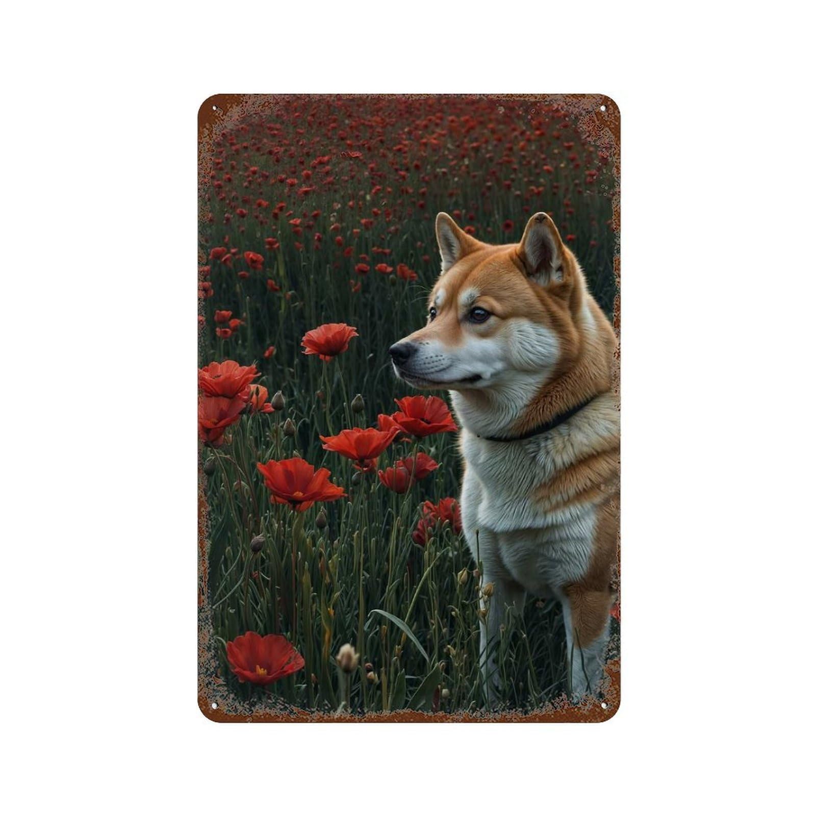 Shiba Inu in Poppy Field Vintage Rust Metal Sign 11.8"x7.9", Farmhouse Wall Decor for Garage, Pub Or Kitchen