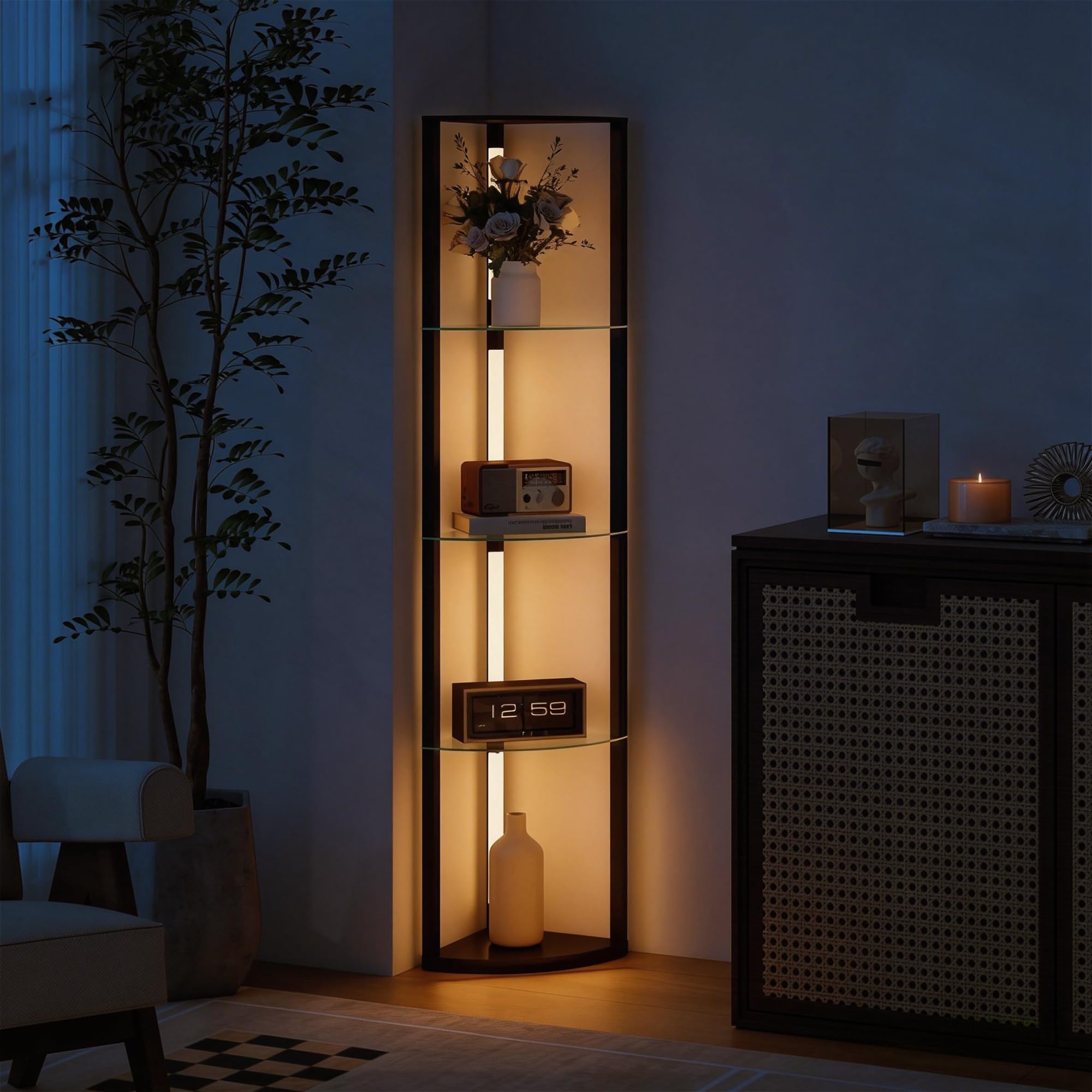 HOMCOM Lampada da Terra con Ripiani in Vetro e Luce LED Nero | Lampada da Pavimento, 3 Livelli di Luminosità, Interruttore a Pedale, per Salotto e Soggiorno