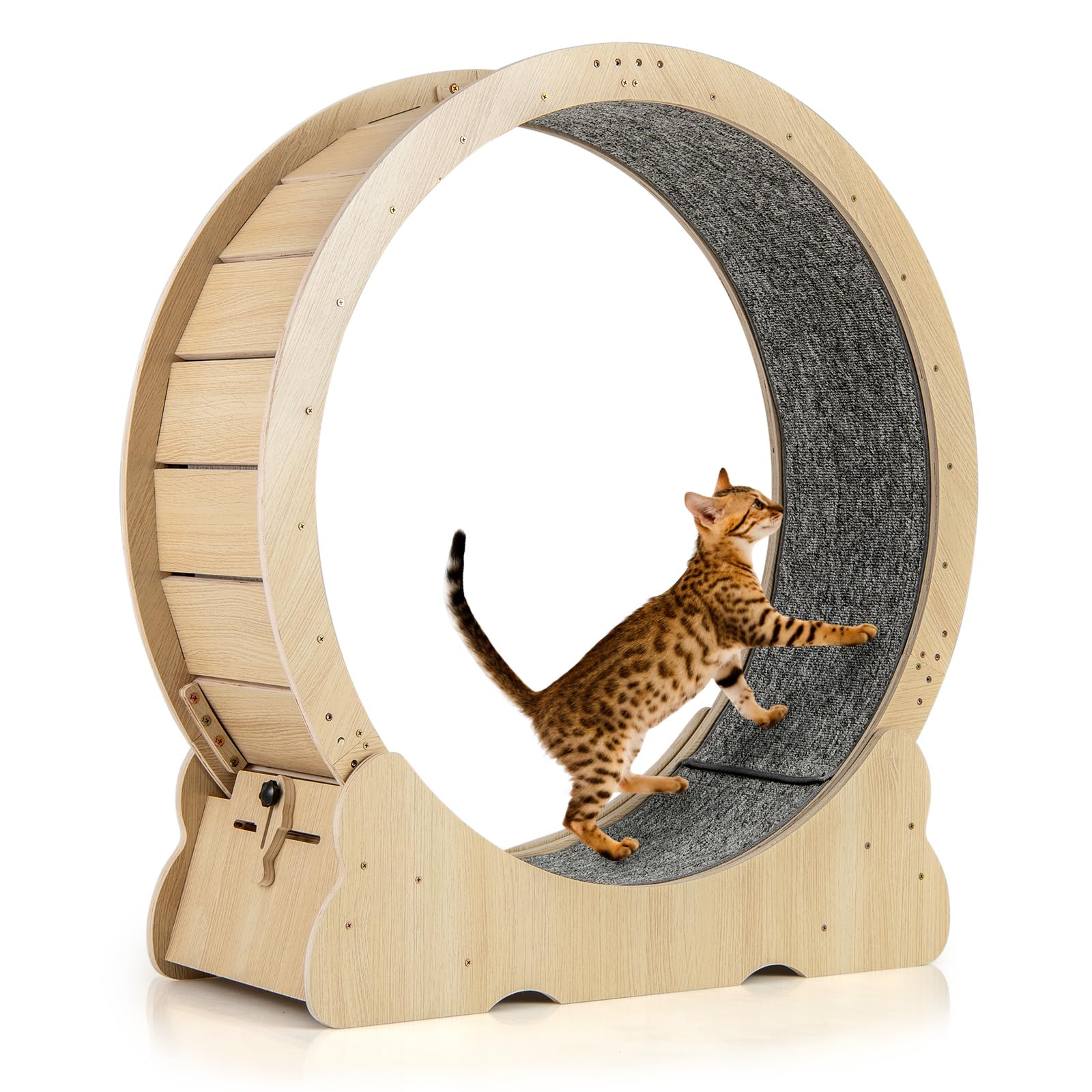 COSTWAY Katzenlaufrad, 101 cm Innendurchmesser, Holz, Laufrad Katzen mit abschließbarem Mechanismus & Kratzmatte, Ultra-leiser, Katzenrad Trainingsrad, für große Katzen bis 20 kg, Natur