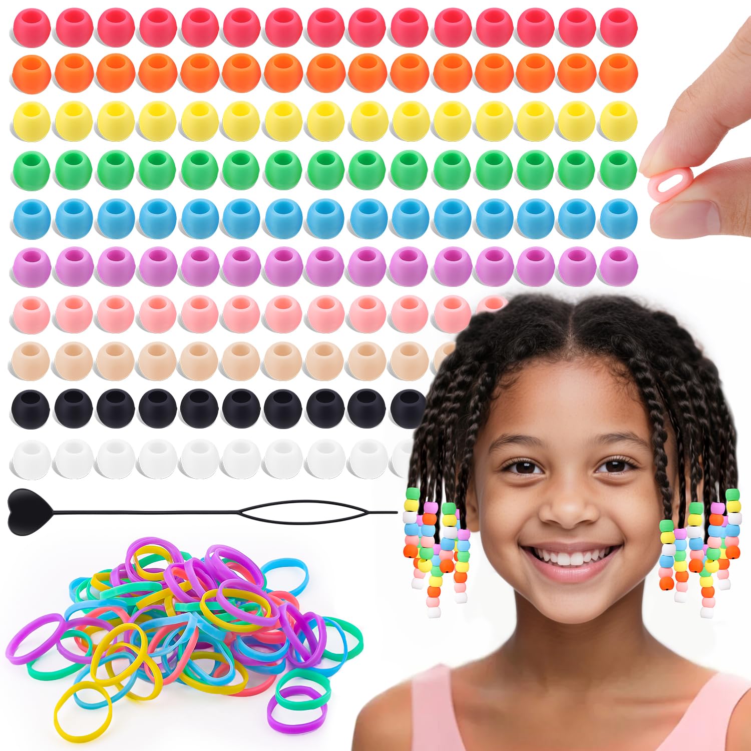 Photo 1 of 150Pcs 10mm Small Silicone Beads for Hair Braids, Soft Jellyish Pony Hair Beads with 5mm Hole + 50 Rubber Bands and 1 Beader for Braiding, DIY Bracelets Necklaces Crafts (Multicolors)