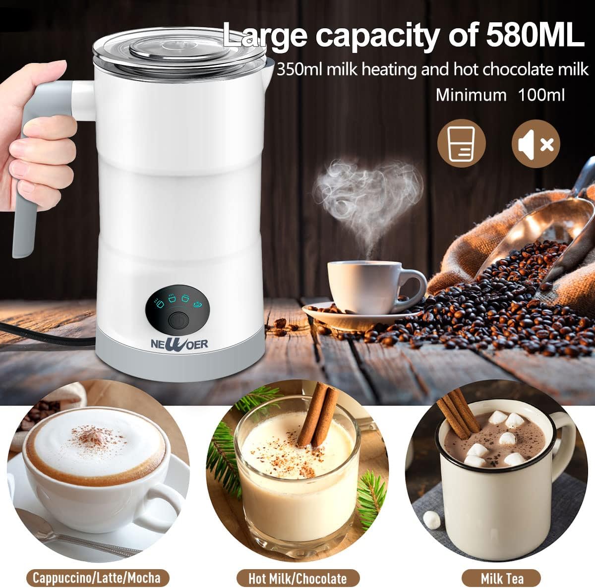 newoer Electric Milk Frother and Warmer,4 in 1 Automatic Milk Frothers 400W Automatic Milk Foam Maker with Hot & Cold Milk Functionality for Latte Coffee Hot Chocolates Cappuccino: Home & Kitchen