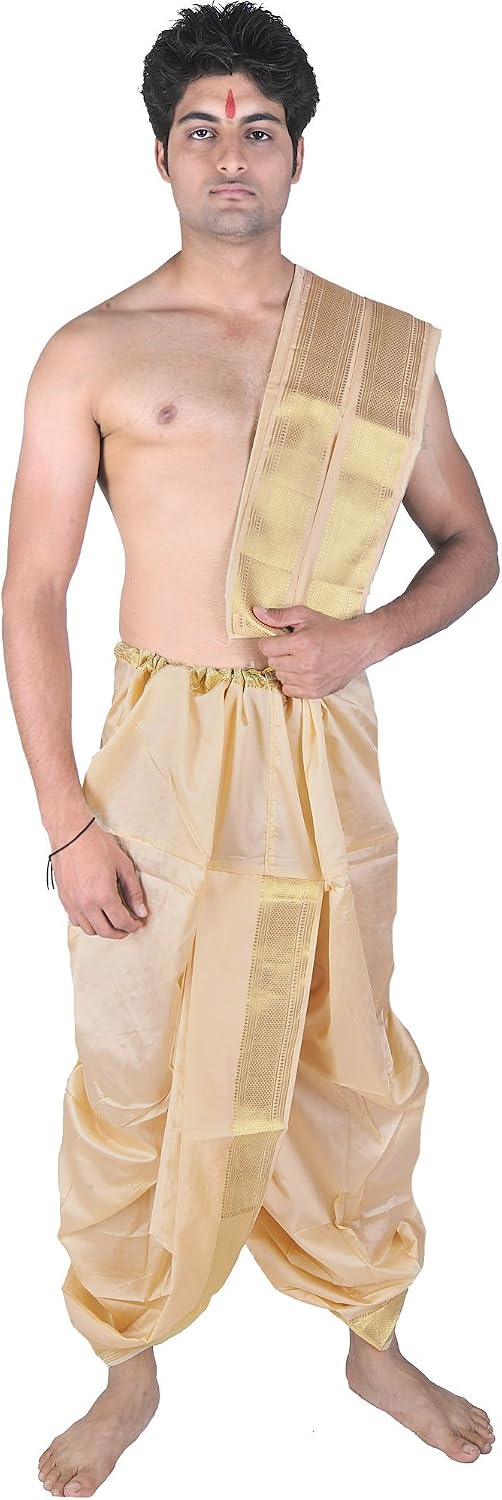 Exotic India Ready to Wear Art Silk Dhoti and Angavastram Set For Men with Wide Golden Border Design Pooja Dhoti Gamcha Set
