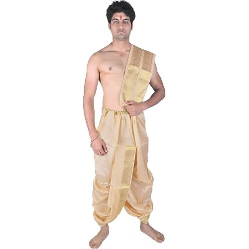 Dhoti and Angavastram Set with Wide Golden Border (Ready to Wear) - Art Silk