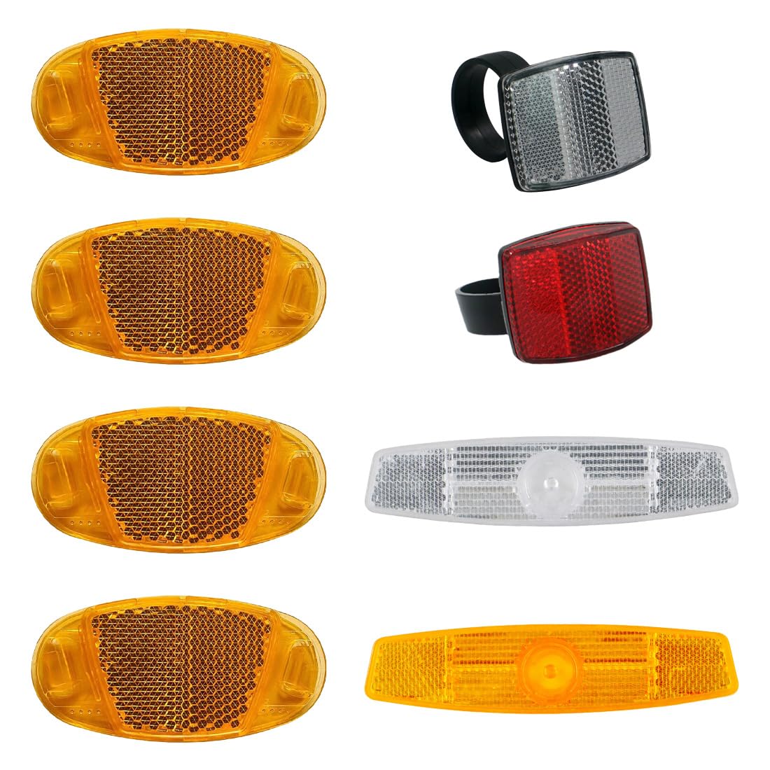 Set di 8 Riflettori per Bicicletta, Riflettori per Raggi in Arancione e Bianco + Riflettori Rettangolari in Rosso e Bianco, 4 Riflettori Universali Arancioni, per Maggiore Sicurezza su Strada