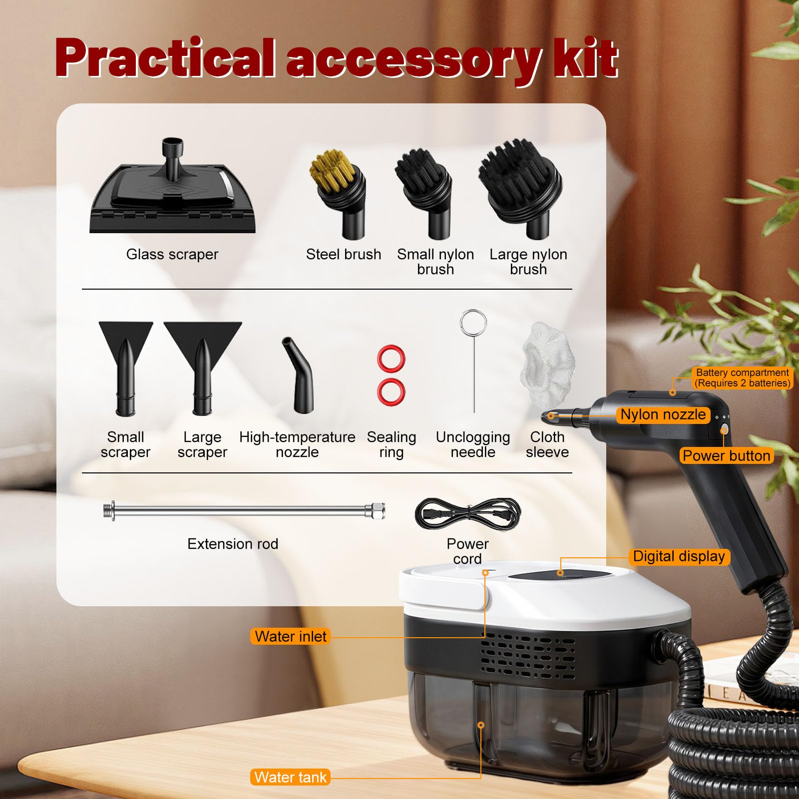 Limpiador a vapor portátil con 3 niveles de potencia, steam cleaner equipado con un depósito de 1600 ml, ideal para la limpieza a alta presión de cocinas, baños, ventanas y coches