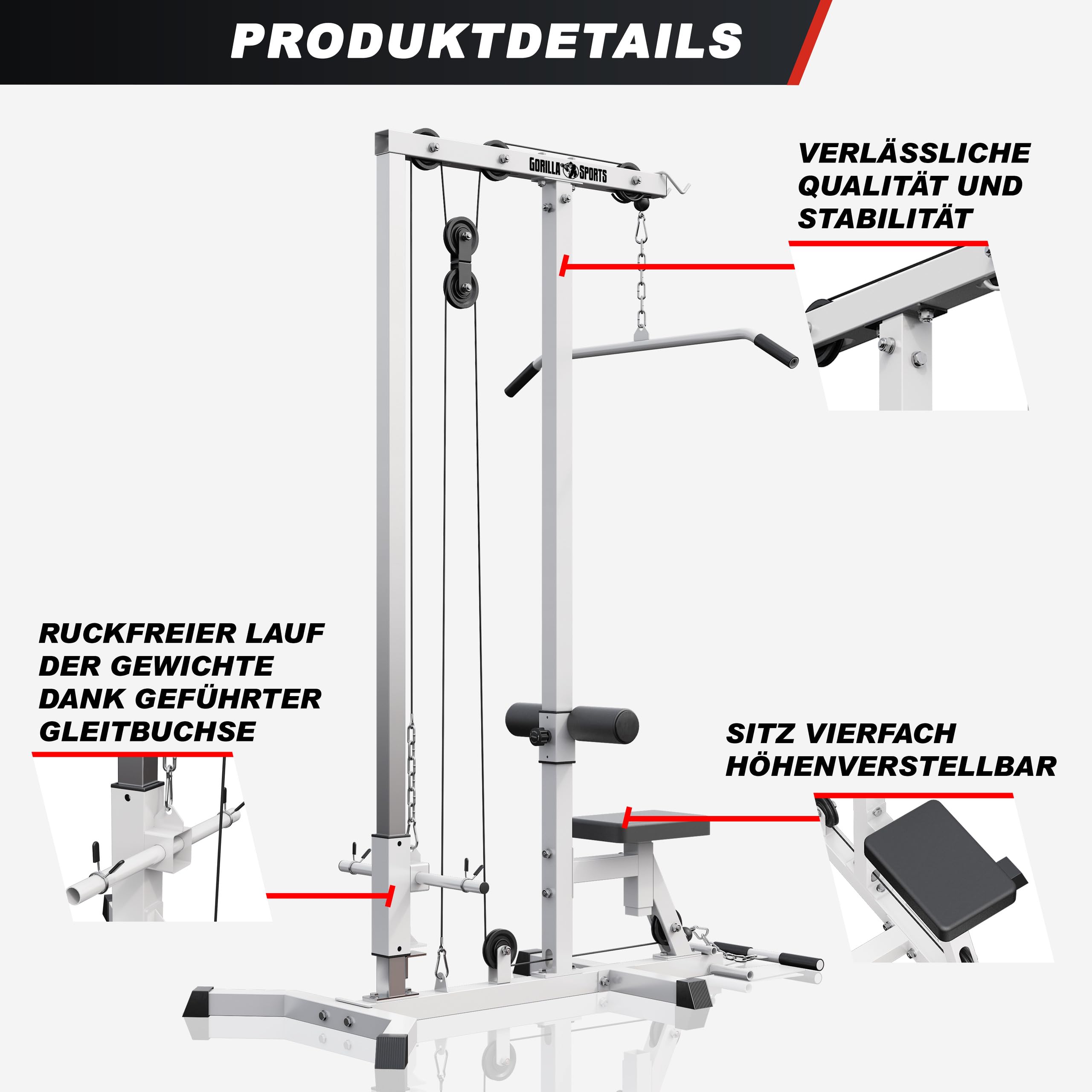 GORILLA SPORTS® Station Tirage Musculation - Ajustable, 2 Poignées, Poulie Haute et Basse, Charge Max 280 kg, Noir / Blanc - LAT Pulldown Machine, Musculation, Dos, Fitness, Materiel, Sport, Maison