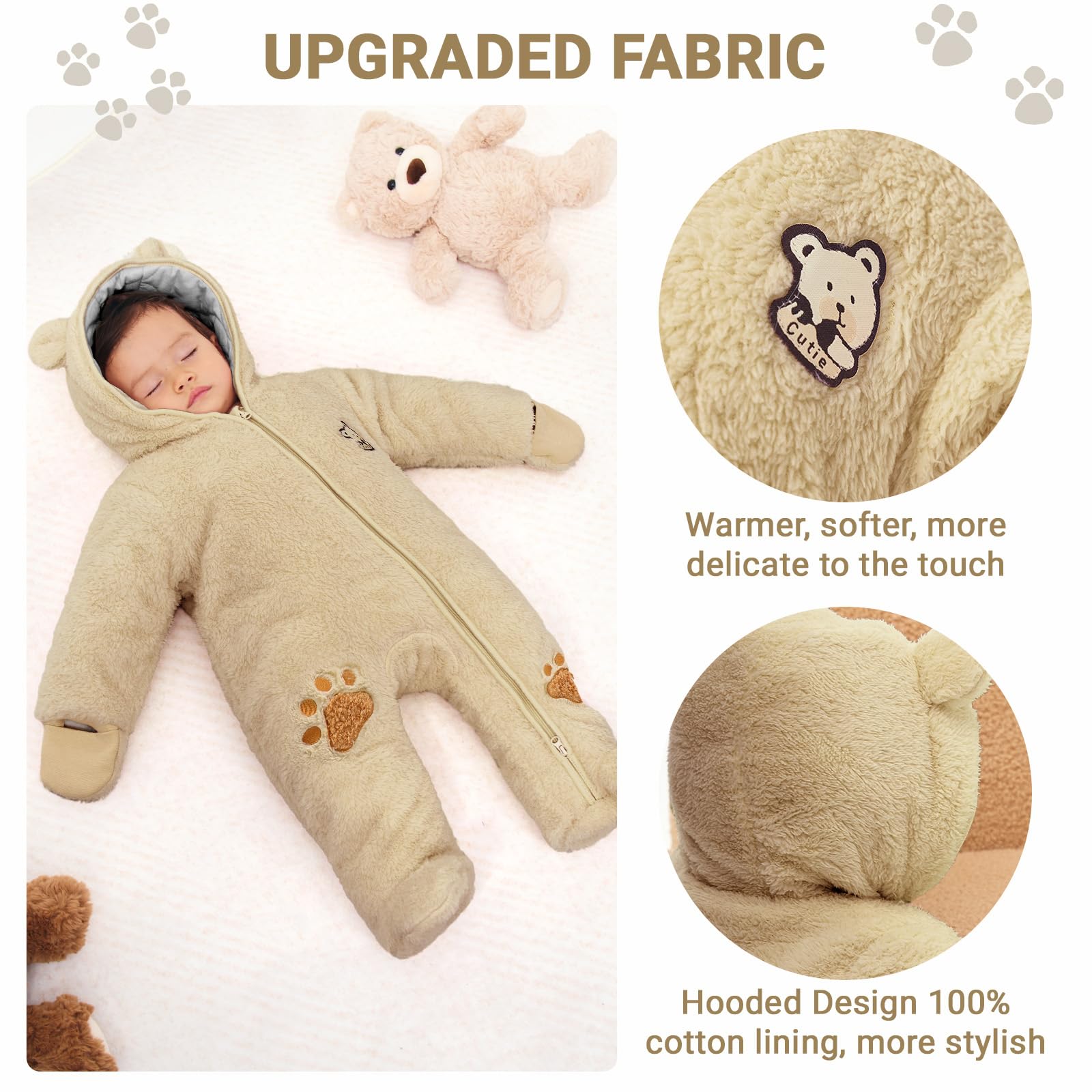JiAmy Combinaison Bebe Garcon Fille Hiver Polaire Combipilote Pilote Bébé Manteau à Capuche Manches Longues Ours Combinaison de Neige 0-12 Mois