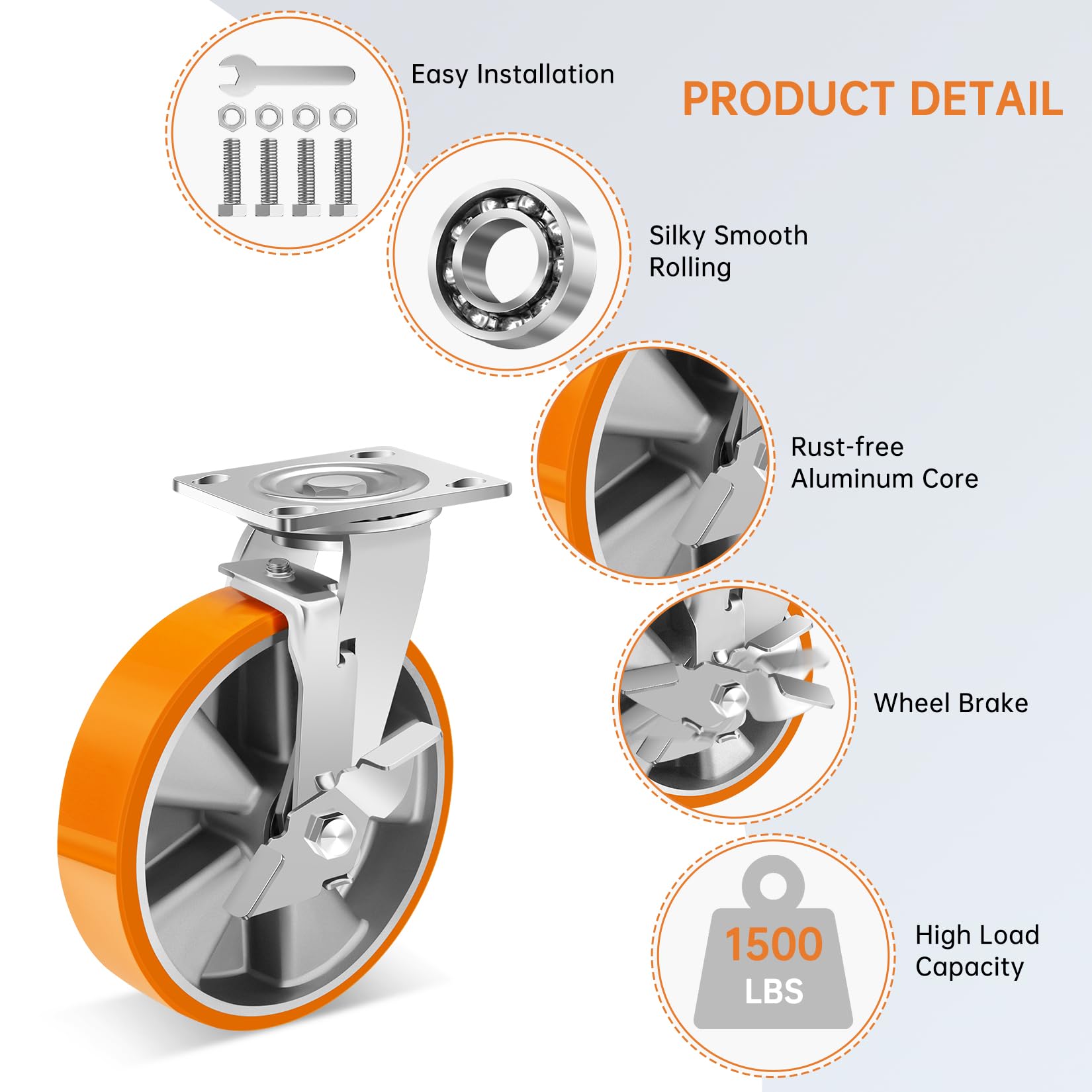W B D WEIBIDA 200mm Rotelle per Mobili Pesanti con Freno, Ruote Girevoli in Poliuretano Durevoli e Robuste, Ruote con nucleo in alluminio, Capacità 2700KG, Ruote per Mobili o Carichi Pesanti, Set di 4