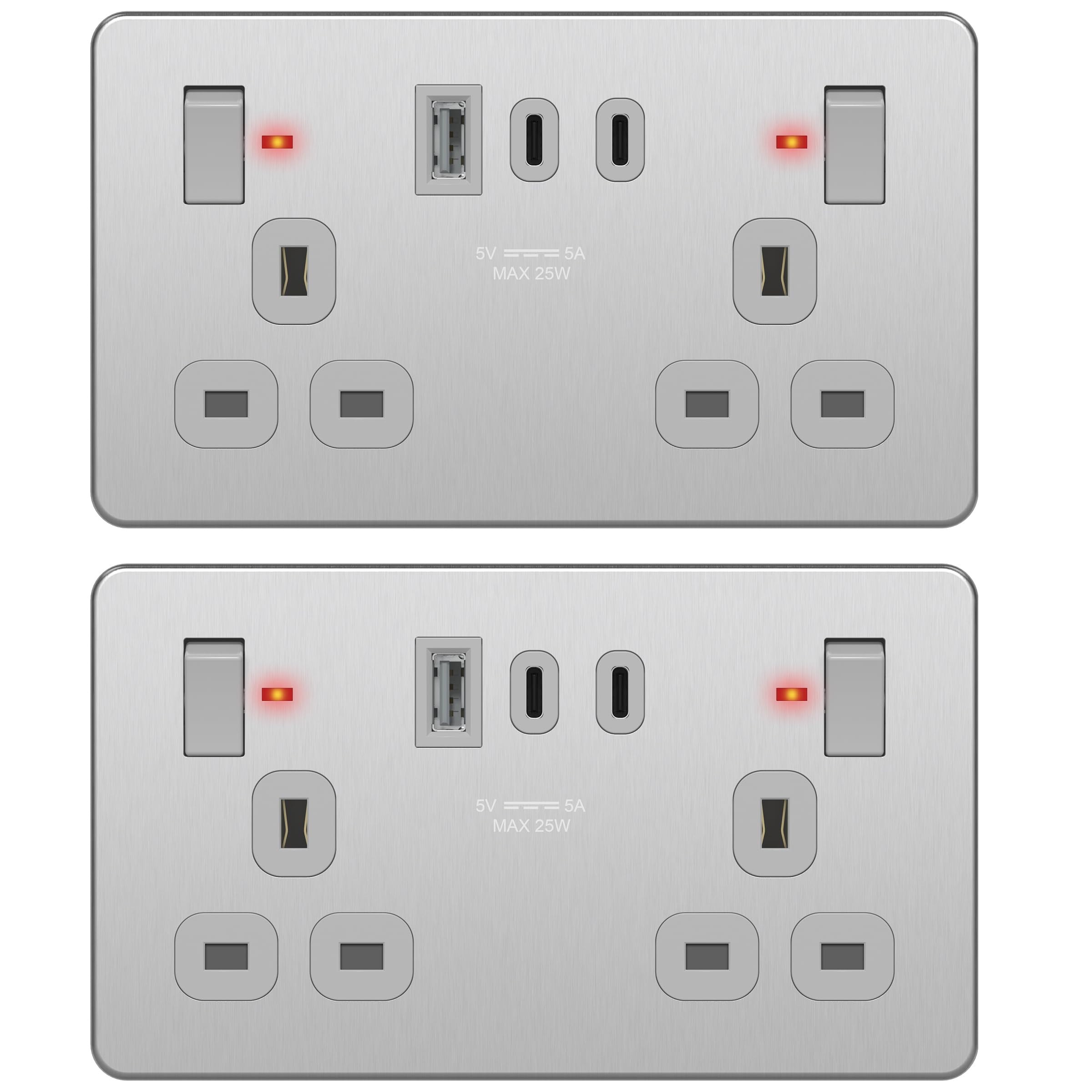 LIDER 2-Gang Switched 13A Socket with USB TYPE C & A Ports, LED Power Indicator, Always-On USB Port, 25W Combined Output, UKCA Certified, Child Safe, Stainless Steel, 2 Pack (Use a 35mm-deep back box) โ image 1