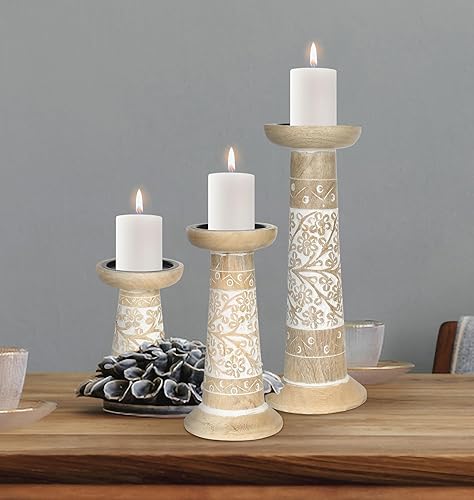 Miniatura 9 de Portavelas de pilar de madera tallada a mano, juego de 3, estilo decorativo tallado, hecho de madera de mango, decoración rústica de centro de mesa,