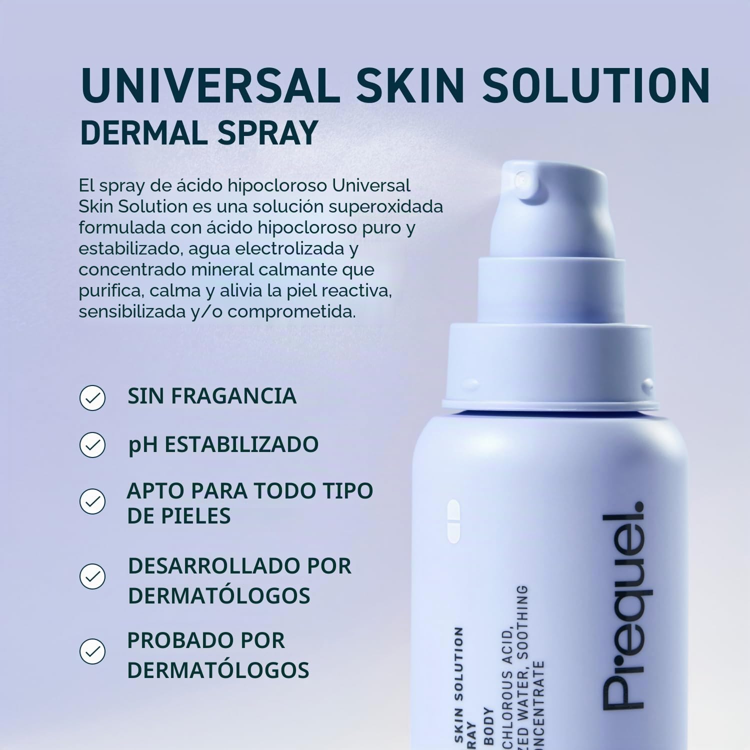 Prequel - Skin - Solución universal para la piel, spray hipocloroso para la piel, spray calmante facial y corporal con agua electrolizada y minerales, 140 ml