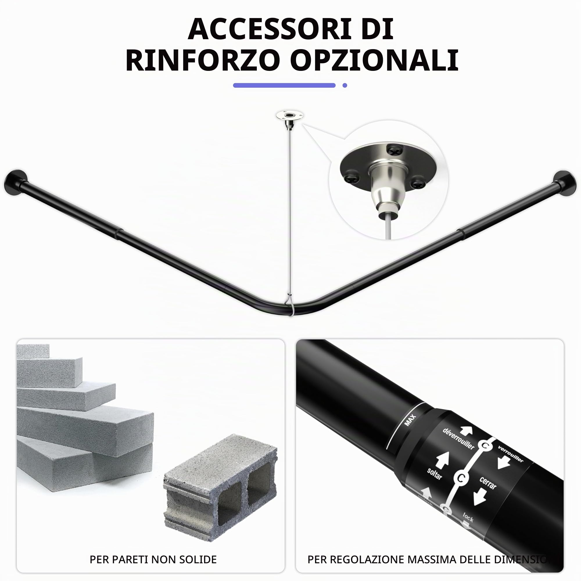 Bastone Tenda Doccia Angolare, Asta Tenda Doccia Regolabile 62-94x141-174 cm, Bastone Doccia in Acciaio Inossidabile, Vasca da bagno e doccia, con 16 Anelli per Tenda da Doccia