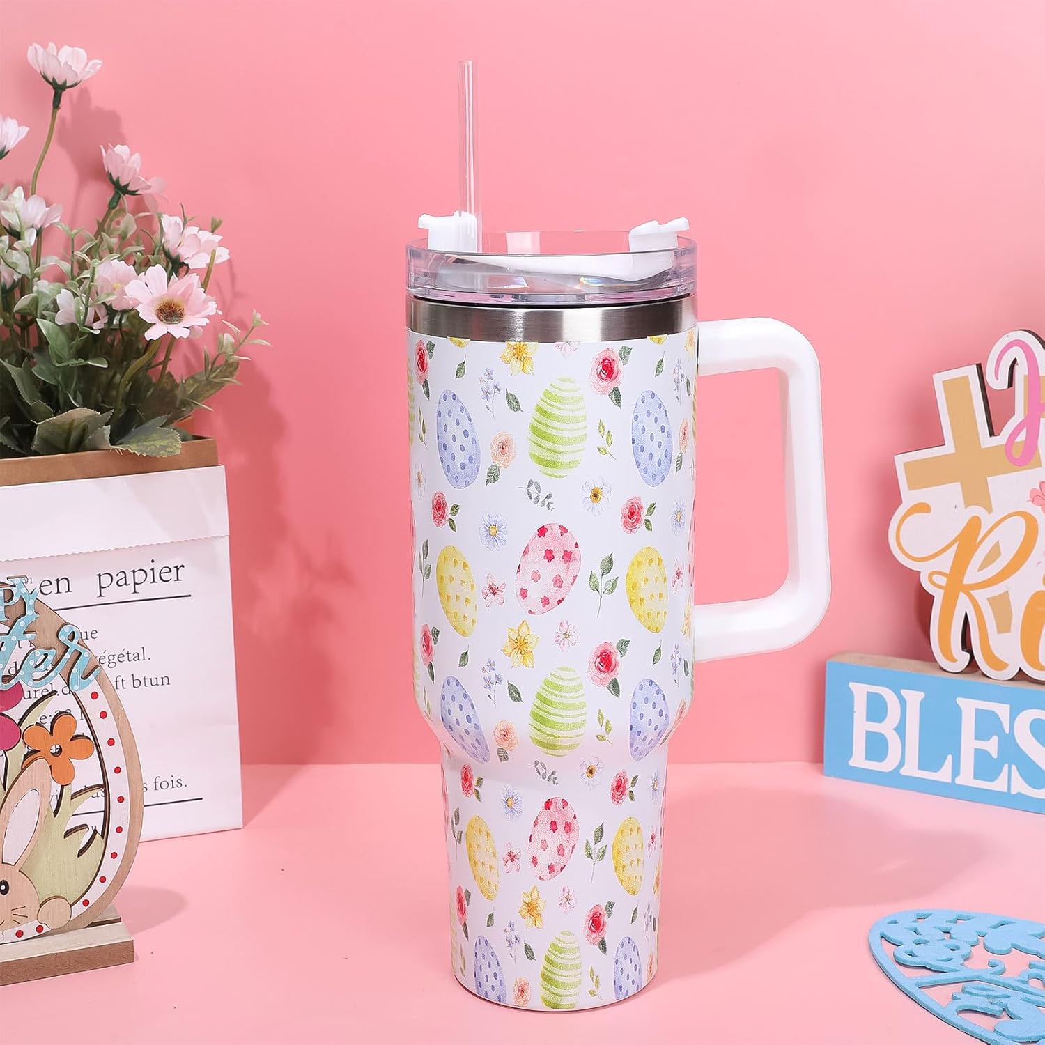 Whaline 40oz Easter Tumbler with Handle Straw and Lid Watercolor Egg Floral Travel Tumbler Spring Flower Coffee Cup for Holiday Birthday Party Favors - Image 5