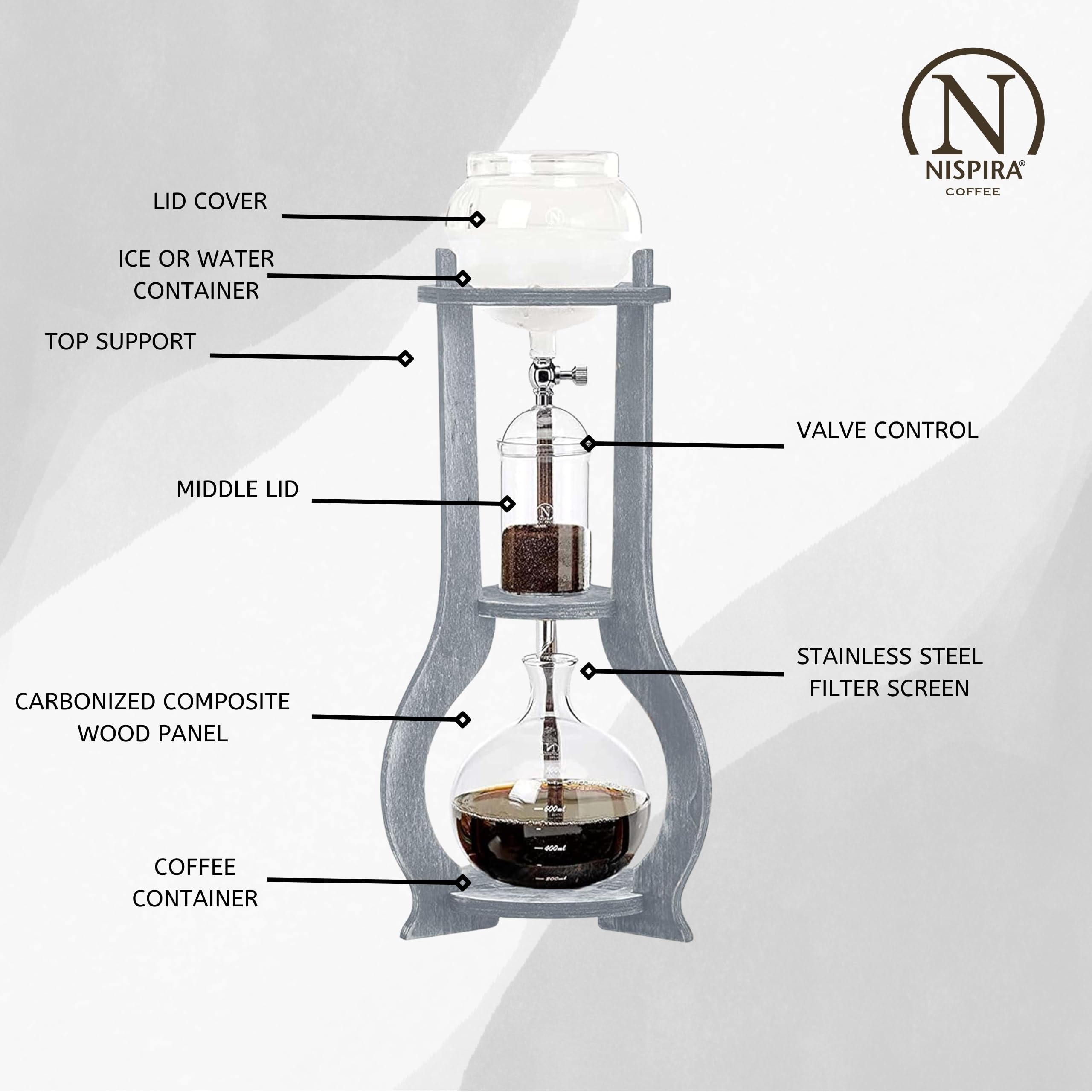 Nispira Eiskaffee Cold Brew Drip Tower Kaffeemaschine aus Holz, 6-8 Tassen, Grau