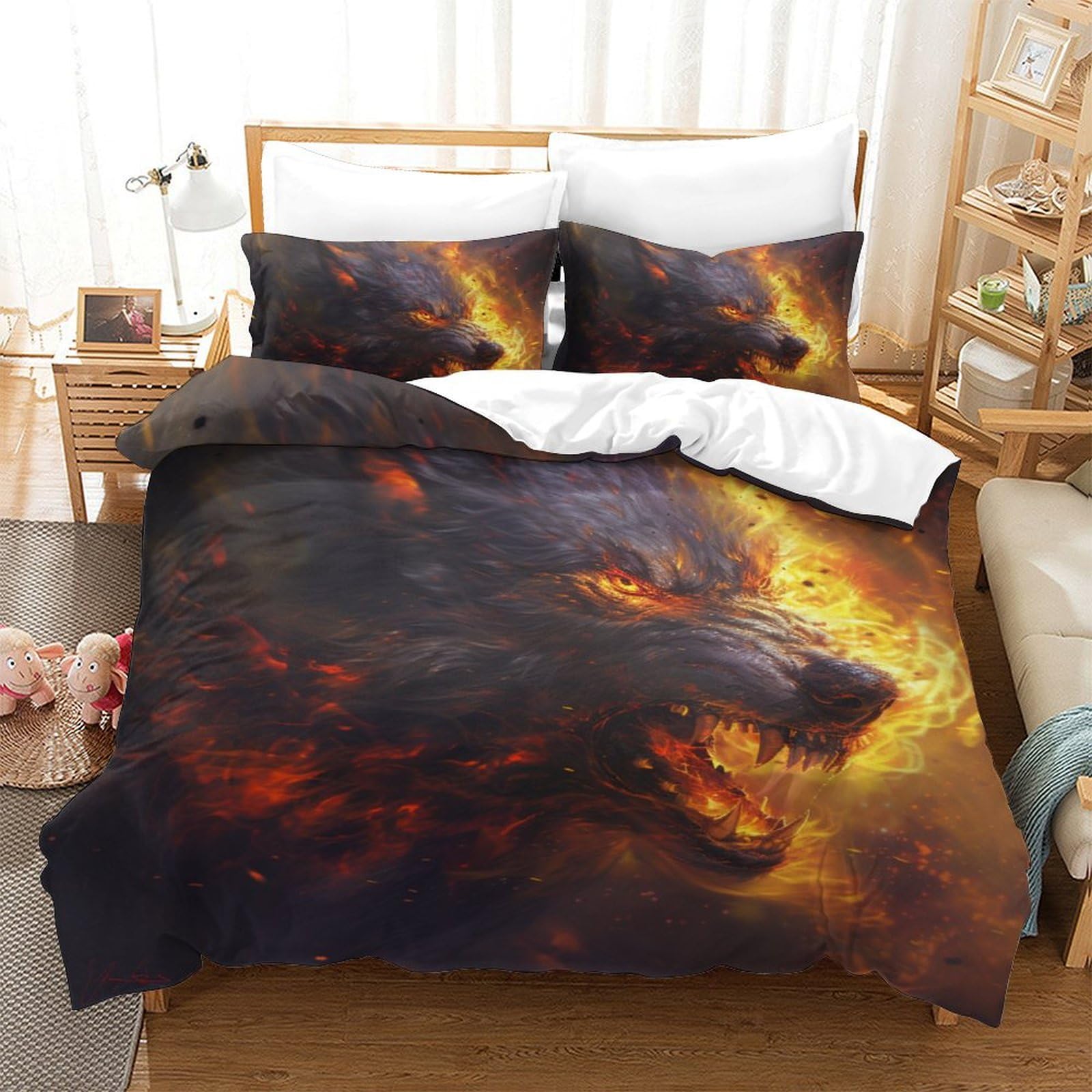 Housse de couette loup 3D King pour une ambiance chalet sauvage en hiver