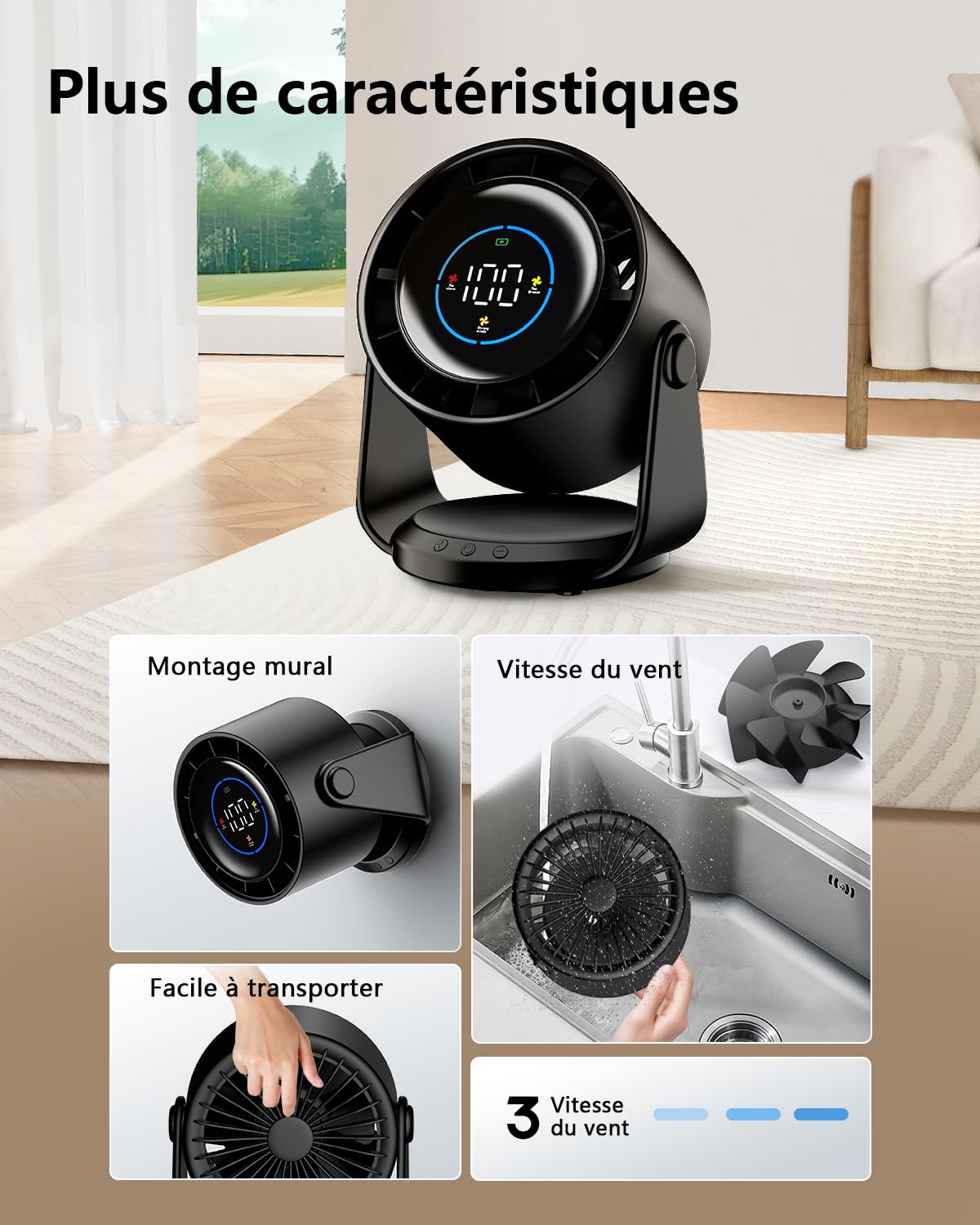 Ventilateur Silencieux Ultra Puissant, Ventilateur de Bureau à 100 Vitesses et tête rotative à 105° Rechargeable USB, Portable pour Bureau, Maison, Chambre, Voiture