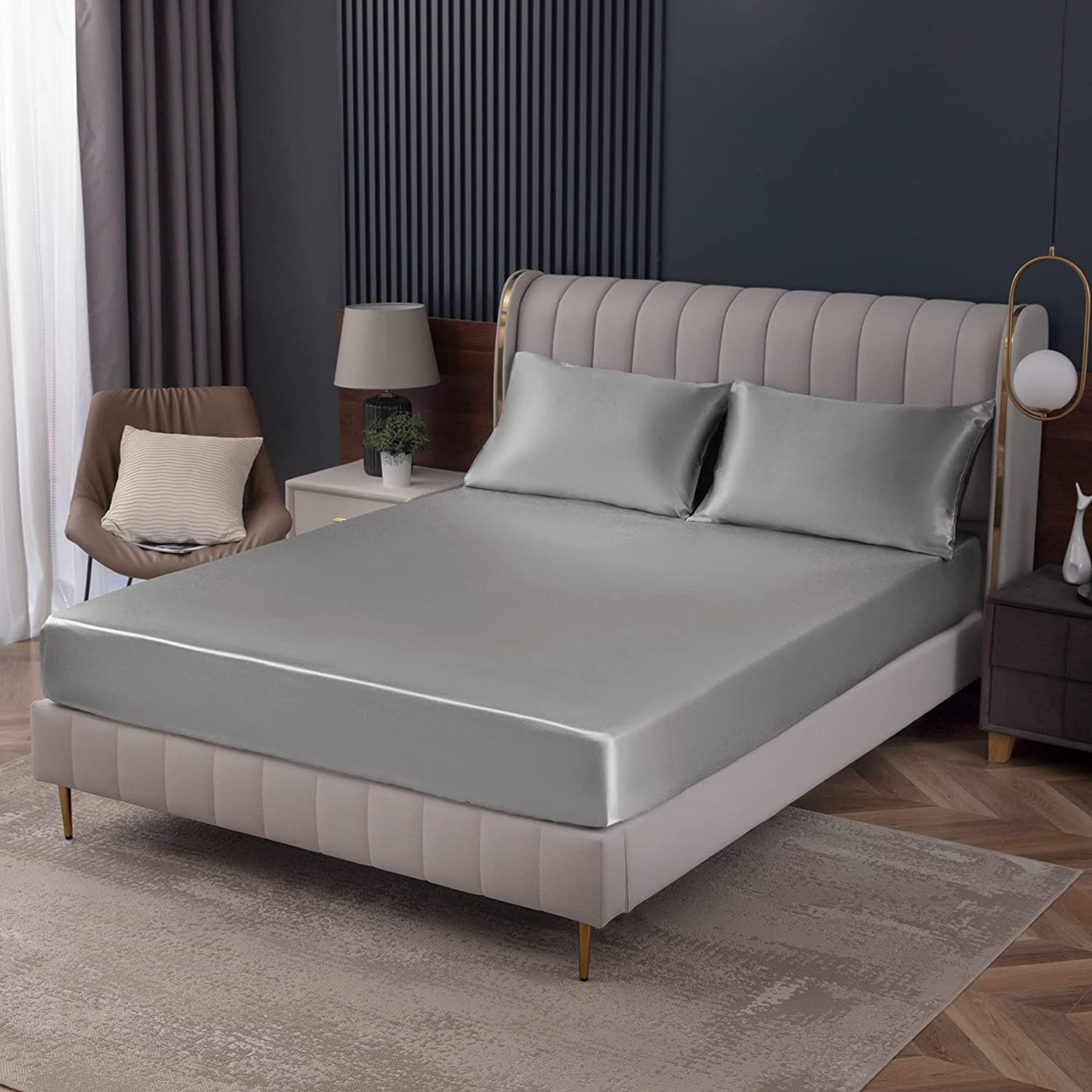 Homiest Bedsheet, Light Grey Satin Fitted Sheet Twin XL Size, Deep Pocket Fitted Sheet Only, Luxury & Ultra Soft Bedding Fitted Sheet Single Bottom Bed Sheets Sold Separately — image 1