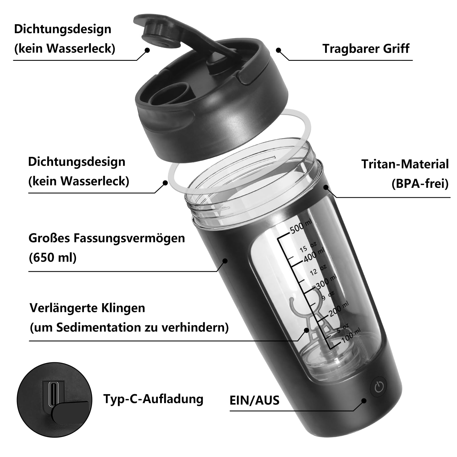 SOARFLY Shaker Elektrisch, 650ML Elektrischer Shaker mit Pulverfach, Eiweiß Shaker Elektrisch für Potein Pulver und Milchshake, BPA-freier, USB-C aufladbar, Schwarz