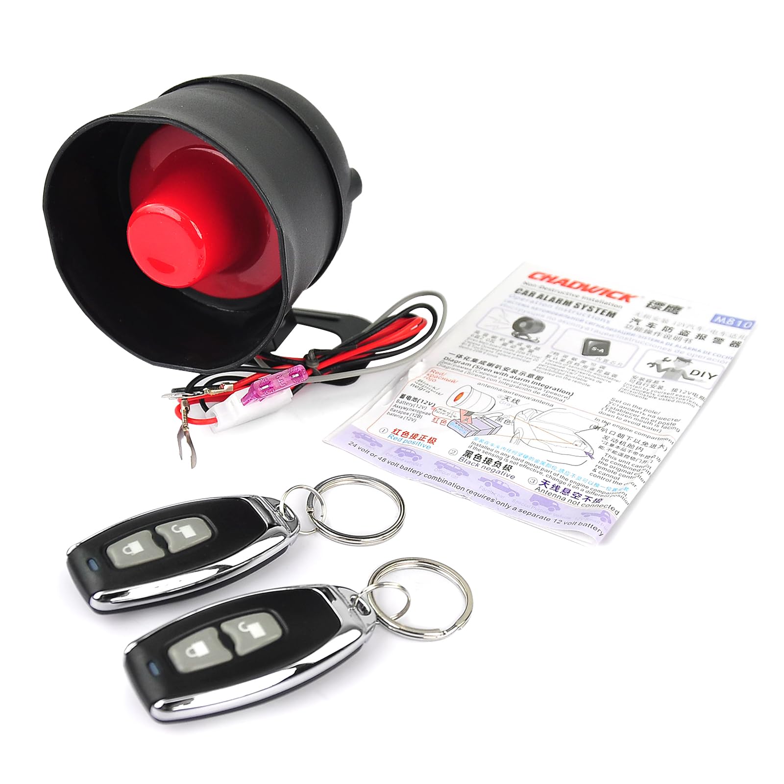Auto-Einbruchmeldeanlage, Riloer Universal Alarmanlage Mit 2 Fernbedienung, Cw-8110 Auto-Sicherheitshupe 120Db Einbruch-Sicherheitsalarmanlage, 12V 20W 6-Ton-Alarmgerät Einbruchmeldeanlage Kit